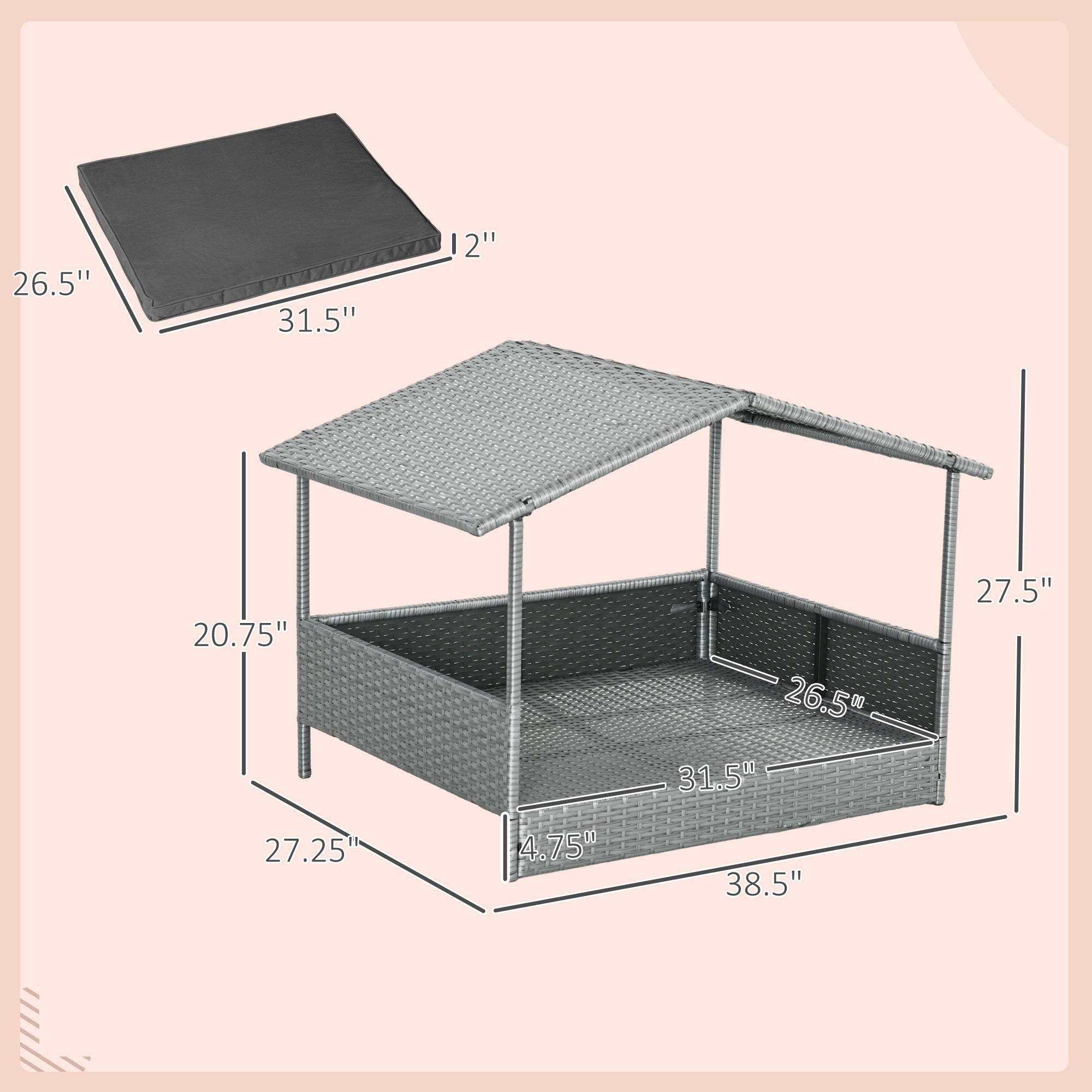 Wicker Dog House Outdoor with Canopy, Rattan Dog Bed with Water-resistant Cushion, Raised Pet Bed for Small, Medium Breeds up to 66 lbs, 20" in Length, Silver Wicker, Gray Cushion - Gray - Image 3