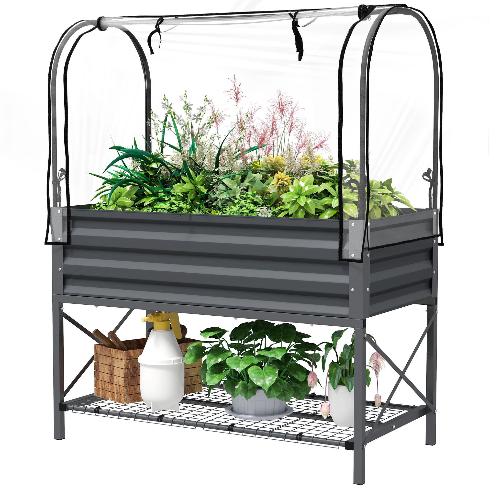 Raised Garden Bed with Legs and Cover, Metal Elevated Planter Box with Bottom Shelf and Liner for Vegetables, Dark Gray - Dark Gray