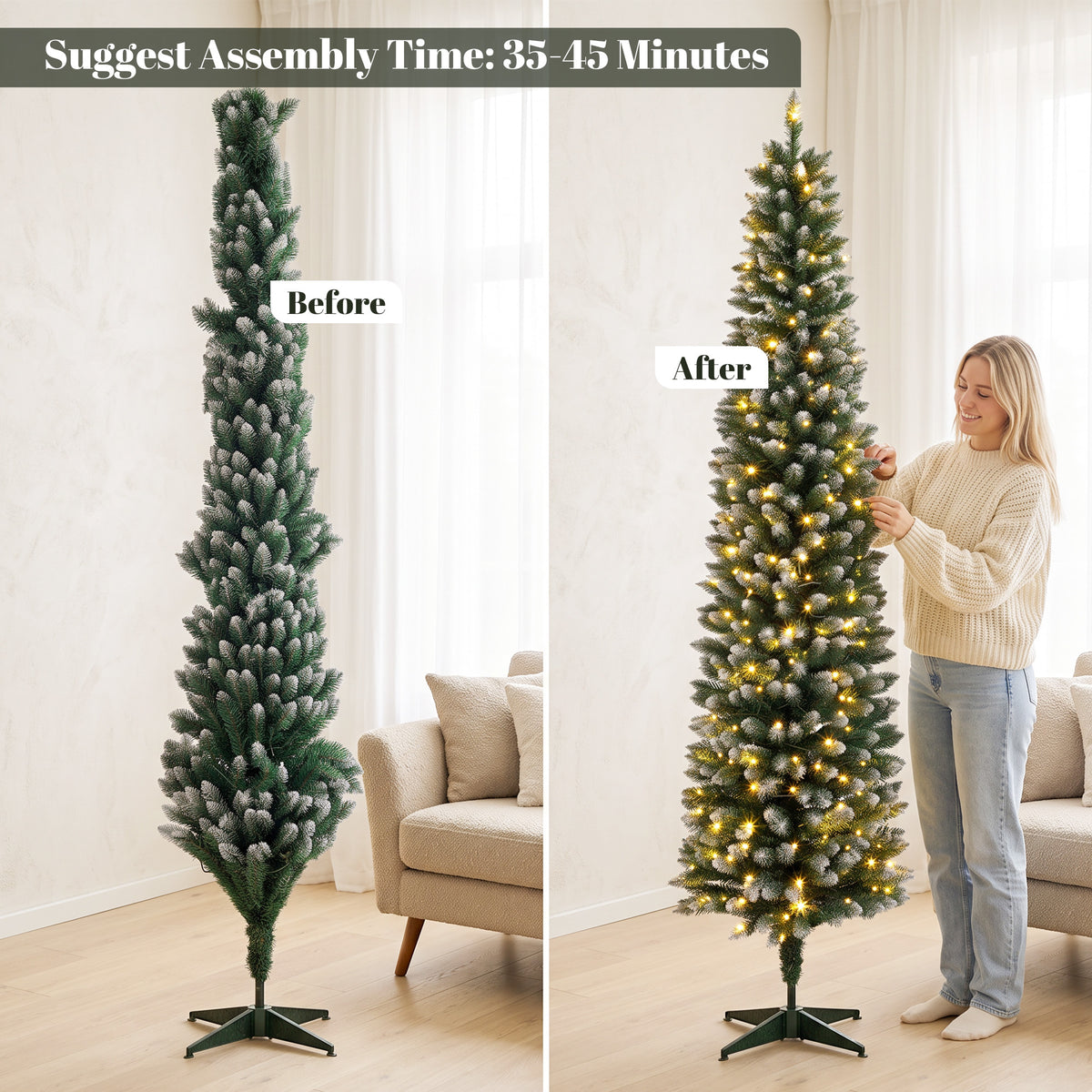 7ft Pencil Prelit Christmas Tree, Dual Color LEDs, Flocked, Remote, Slim Xmas Tree with 11 Modes, Green White