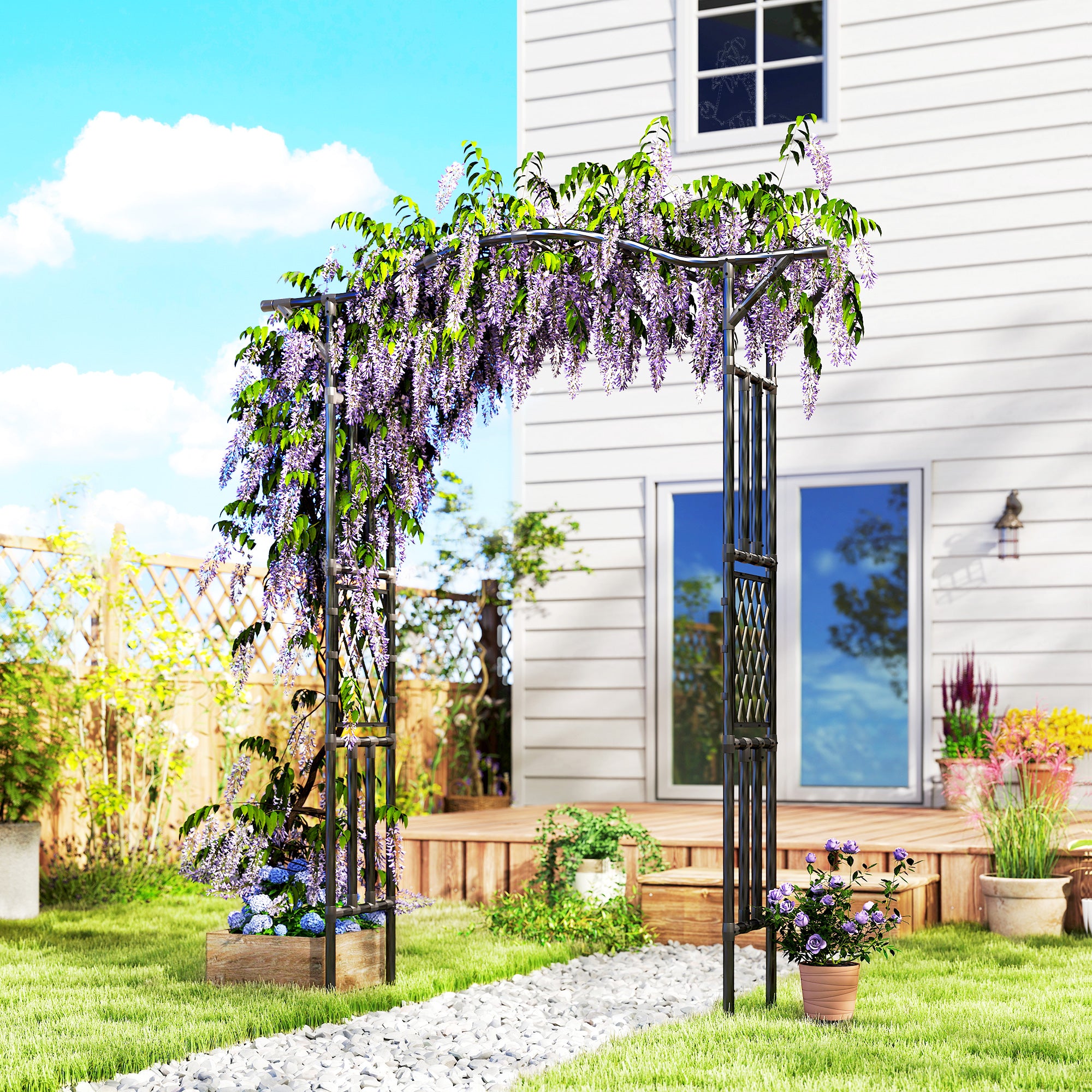Garden Arch, PE-Coated Steel Garden Arch Trellis with Extended Top, Black - Black - Image 2