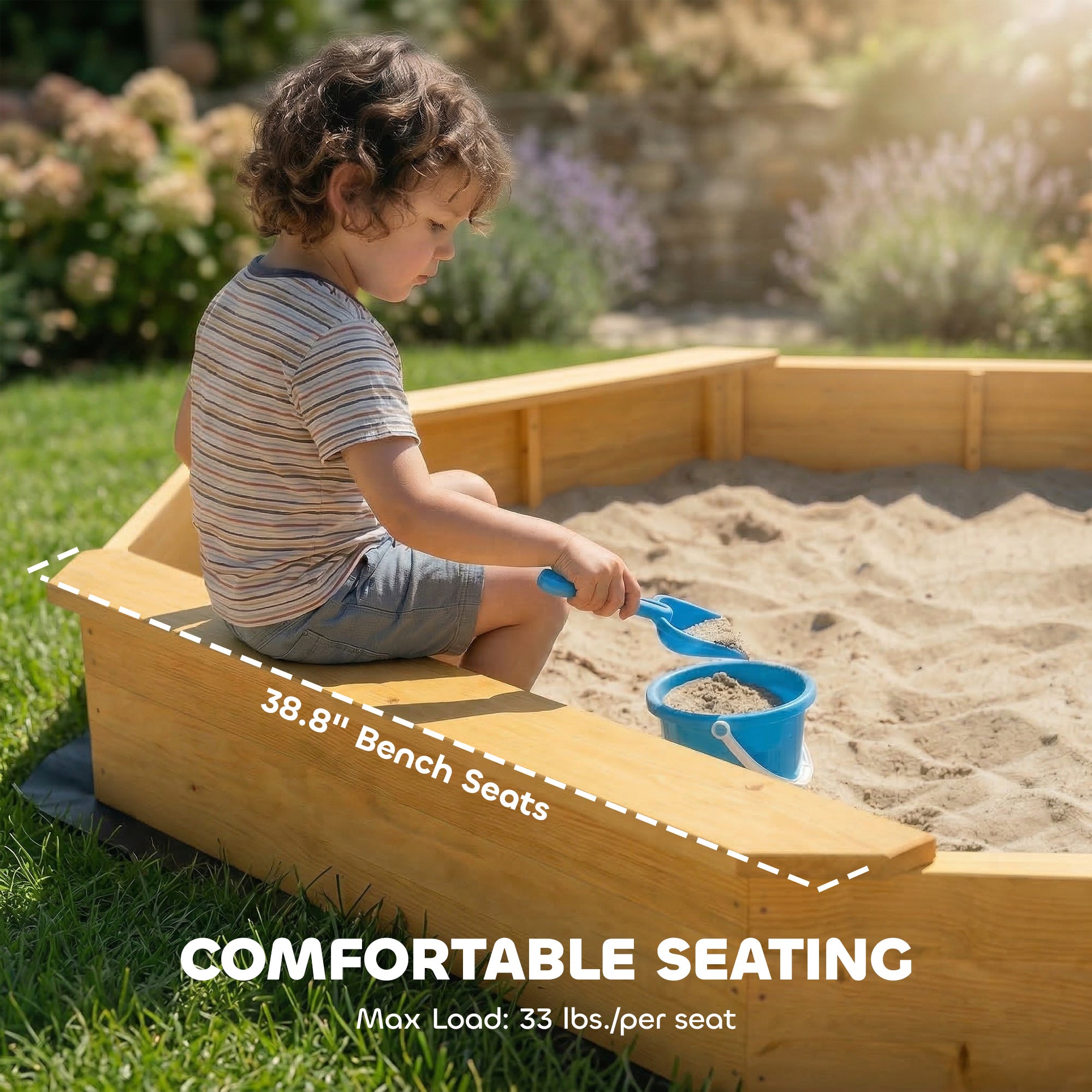 Wooden Sandbox with Large Canopy, Outdoor Sand Box with 4 Bench Seats, Bottom Liner for 8 Kids Aged 3-8, Yellow