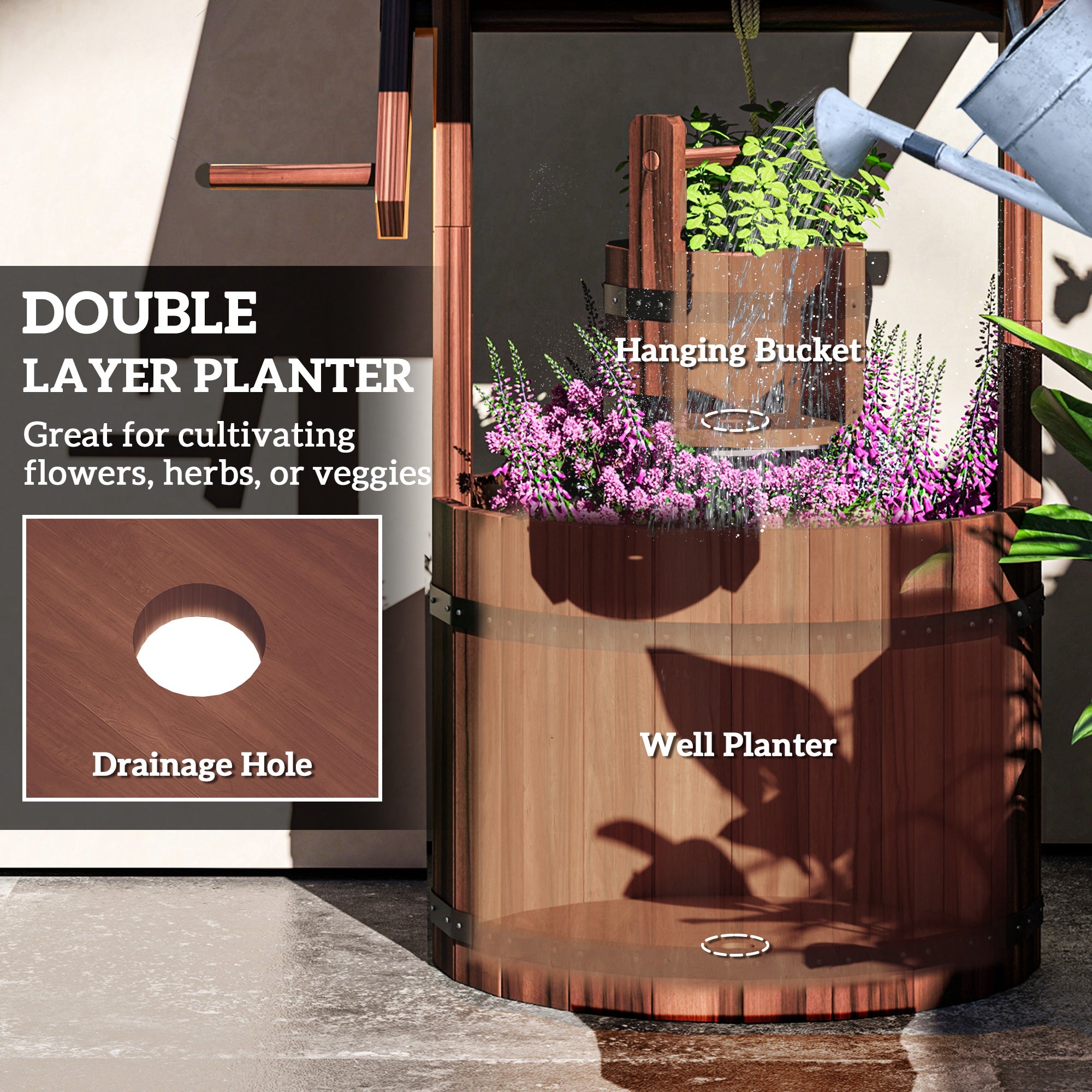 Wood Wishing Well for Outside with Hanging Bucket, Wishing Well Planter with Drain Hole for Garden Patio, Carbonized - Carbonized - Image 5