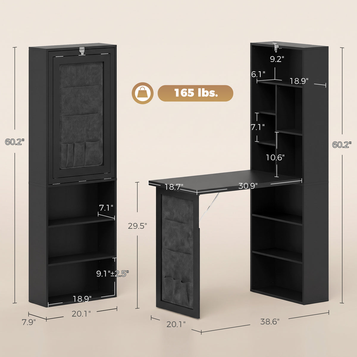 Foldable Convertible Writing Table with Storage Shelves, Bag, Wall-Mounted Space-Saving Computer Desk, Black