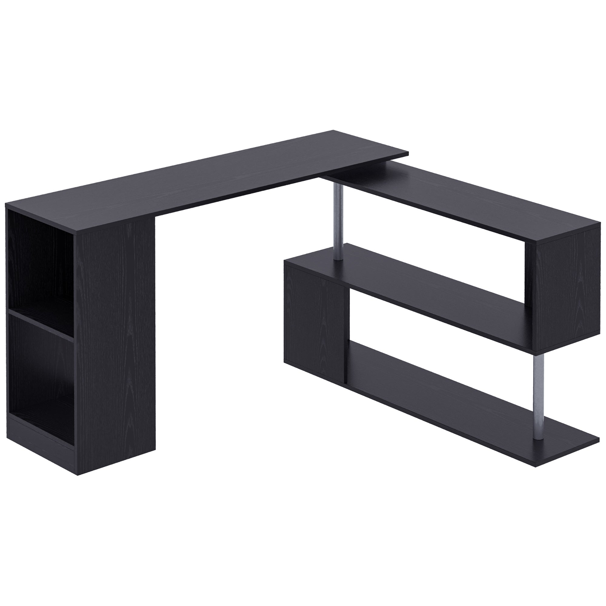 55" 360° Rotating Corner Computer Desk Modern L-Shaped Home Office Workstation with 3-Tier Storage Shelves, Bookshelf, Black