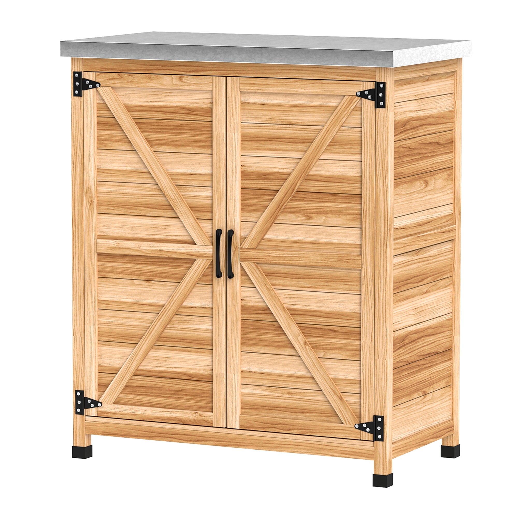 Wooden Storage Cabinet, Outdoor Prep Table w/ Metal Tabletop, Shelves and Double Doors for Patio, Garden, Natural Wood - Natural Wood