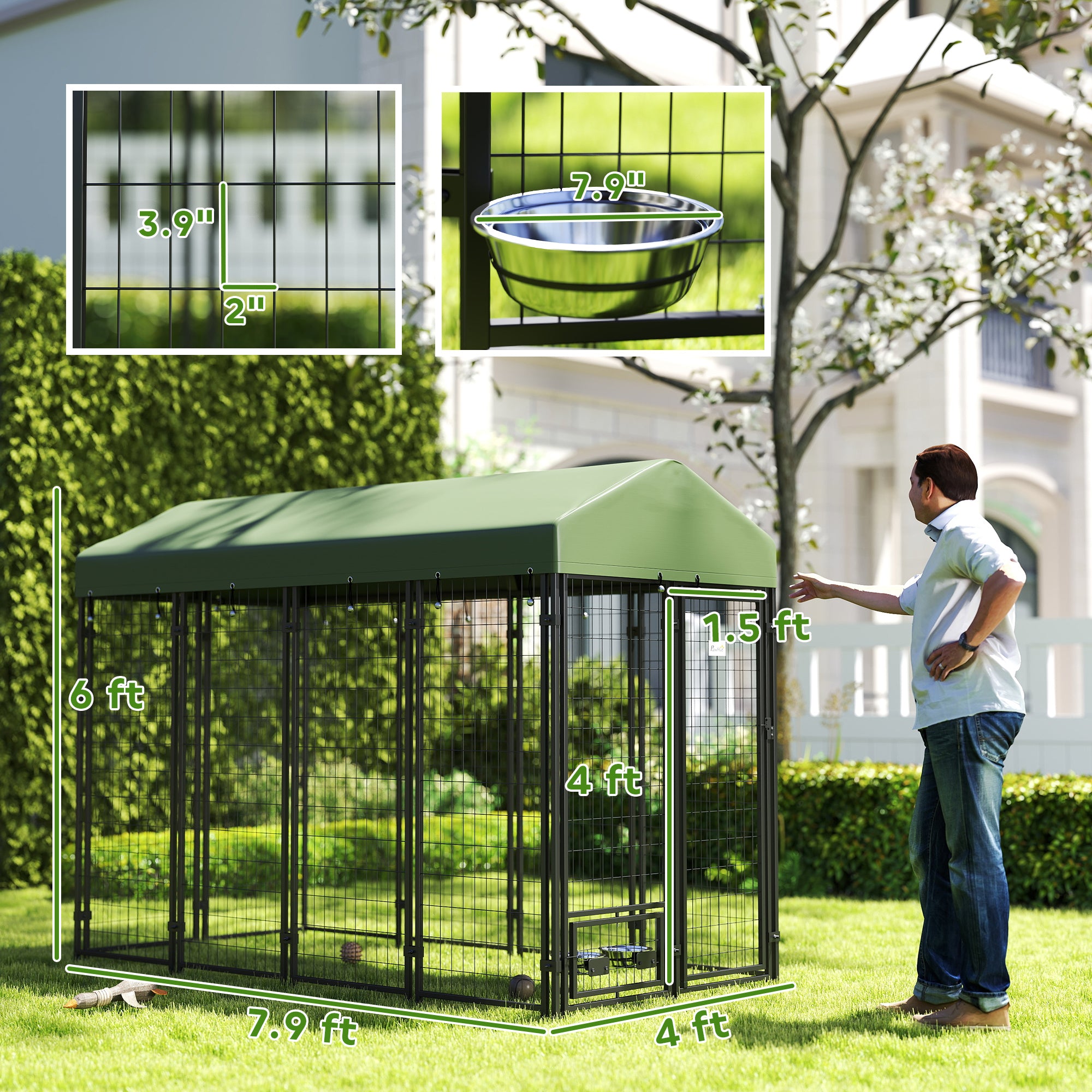 Outdoor Dog Kennel with Rotating Bowl Holders, Pet Playpen with Waterproof Cover, 8' x 4' x 6', Green - Green - Image 3