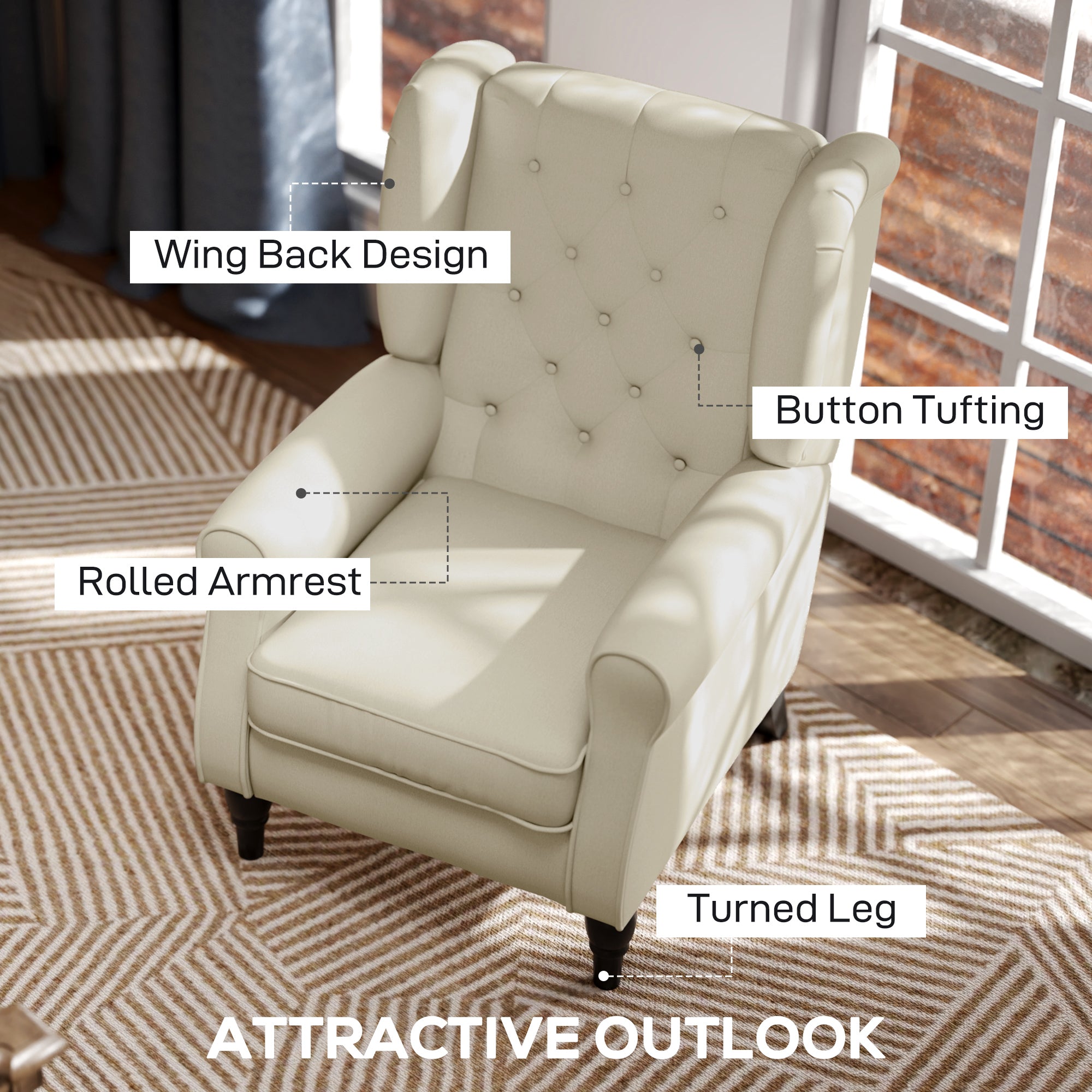 Button-Tufted Accent Chair with High Wingback, Rounded Cushioned Armrests and Thick Padded Seat, Cream White