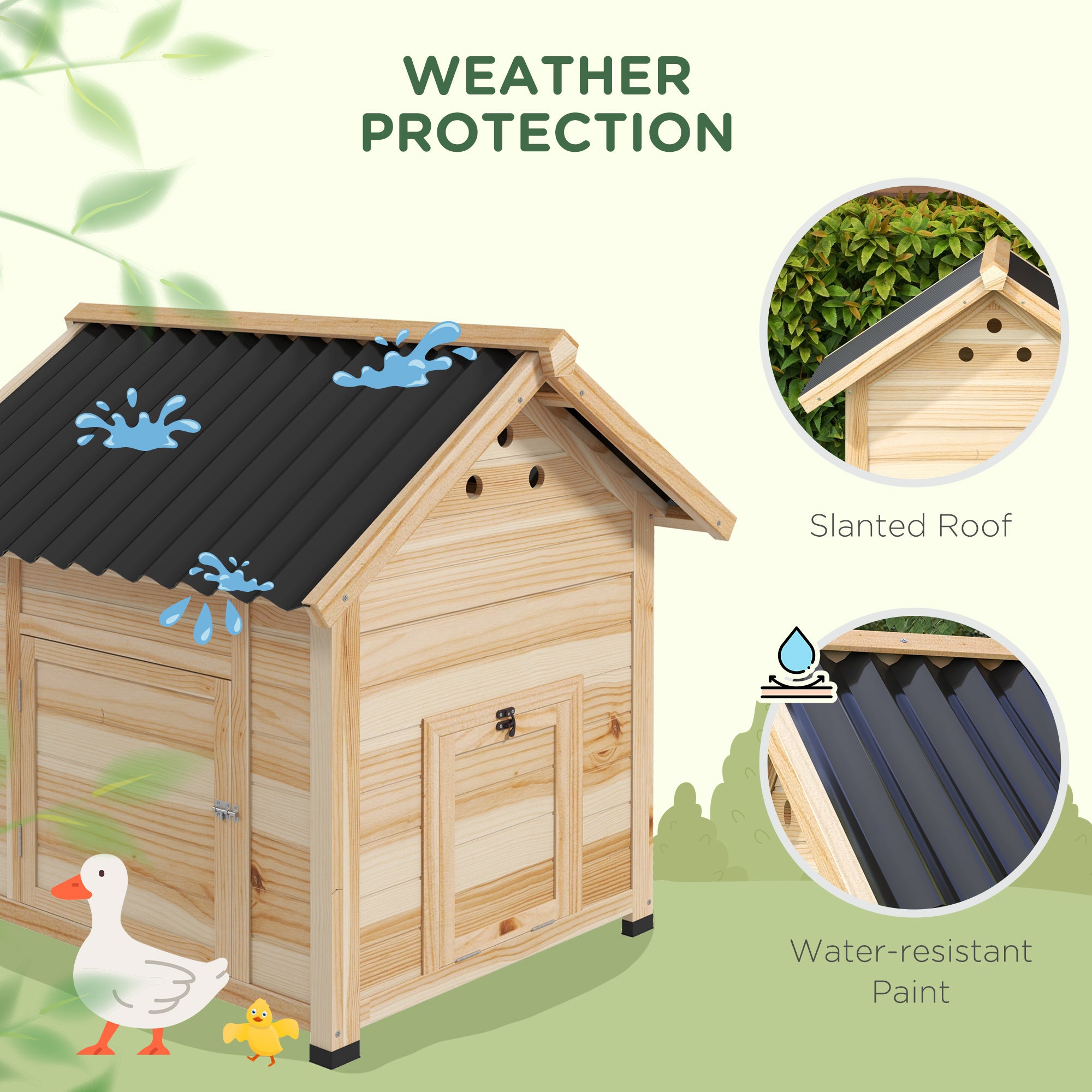 Duck Coop, Wooden Duck House with Openable Roof & Double Doors, Natural Wood - Natural Wood - Image 6