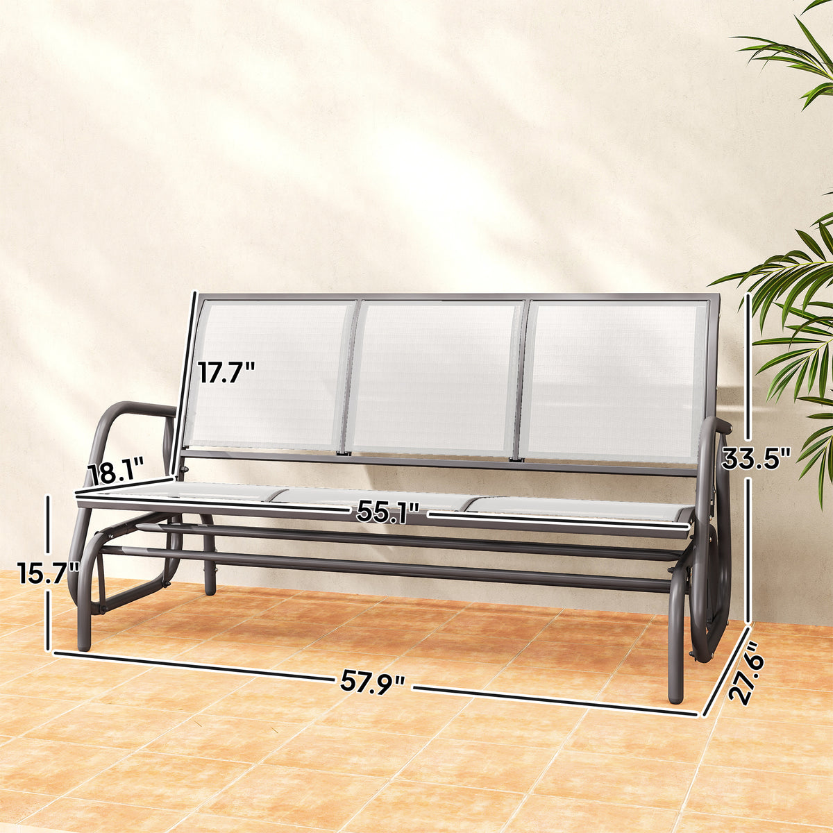 3-Person Outdoor Patio Glider Bench, Porch Glider Swing with 3 Seats, Breathable Mesh Fabric, Metal Frame, Cream White