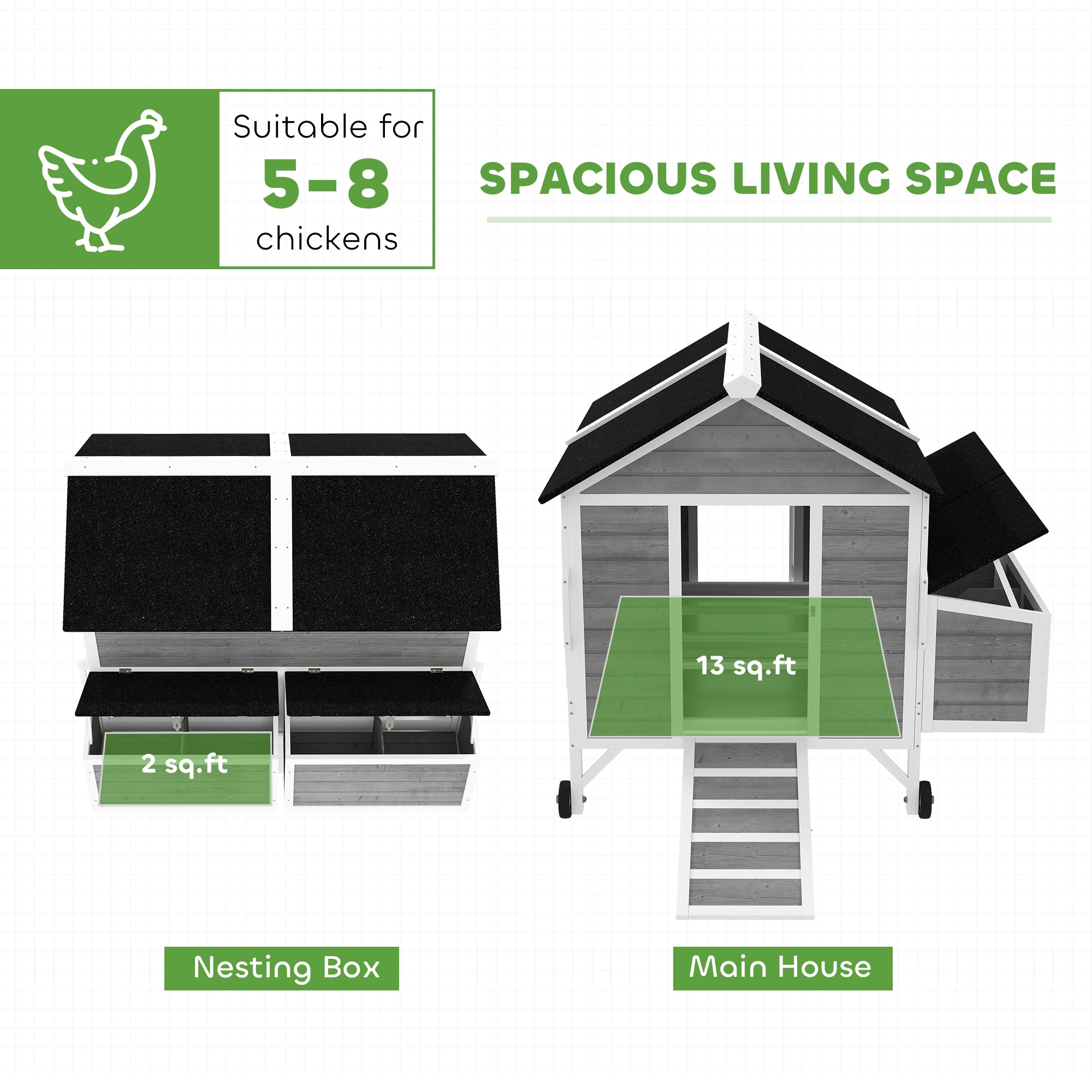 59" Wooden Chicken Coop w/ Wheels, Handles, 2 Nesting Boxes, 2 Trays, 4 Perches, Chicken Tractor for 4-6 Chickens, Gray - Gray - Image 5