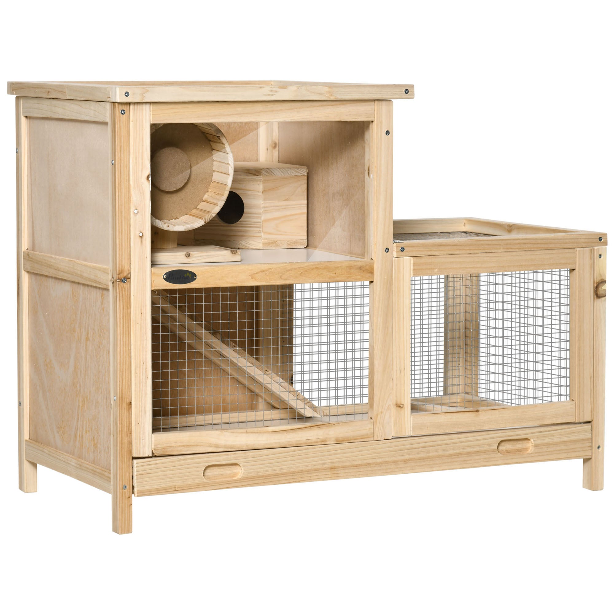 2-Tier Wooden Hamster Cage, Small Animals Hutch, w/ Seesaw, Tray - Natural Wood