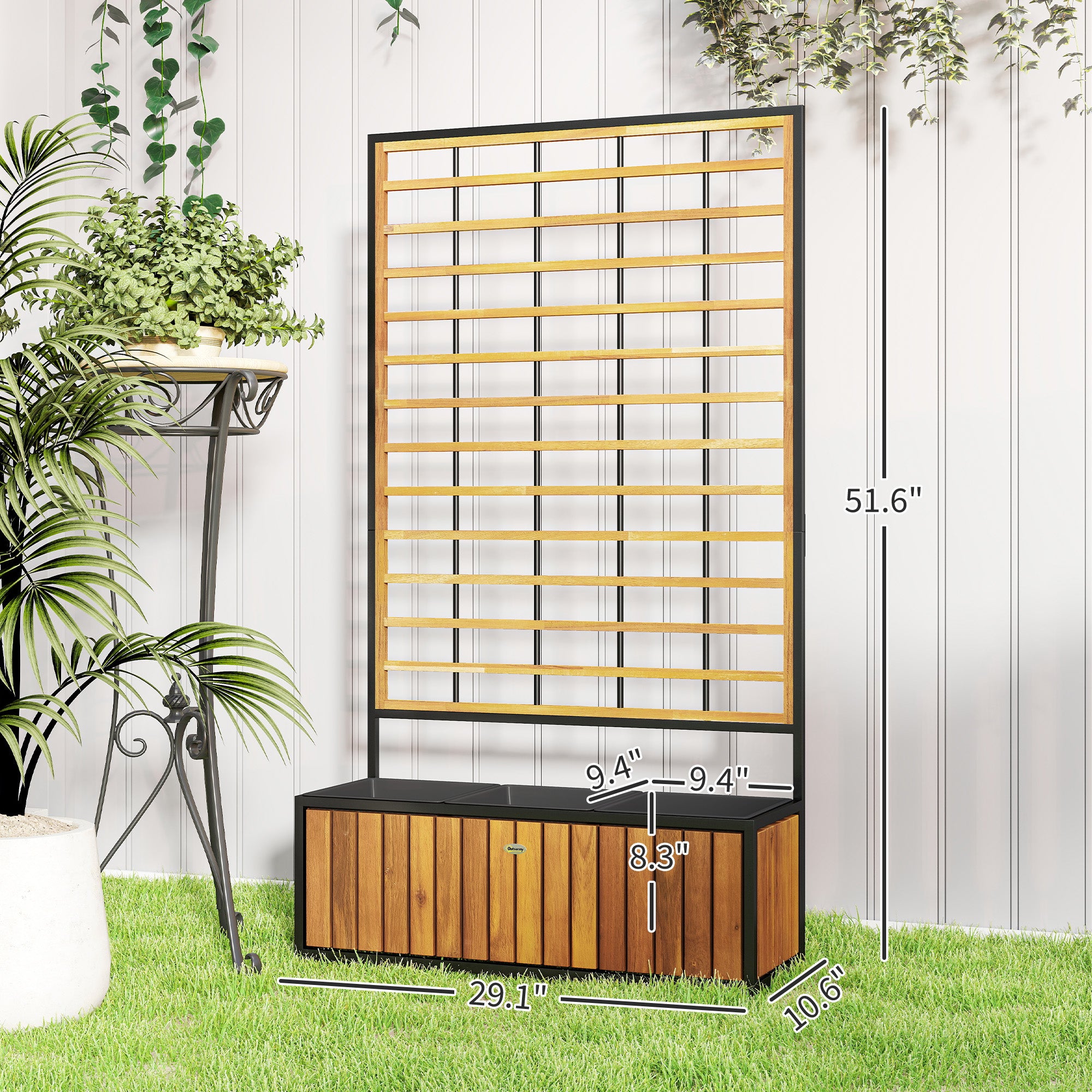 Wooden Raised Garden Bed with Trellis, Removable Pots for Backyard, Patio, Balcony, 29" x 11" x 52", Teak - Teak - Image 3