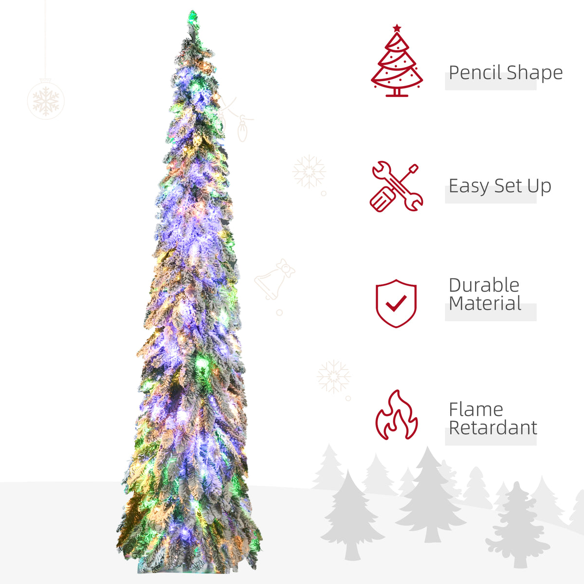 7' Artificial Slim Christmas Trees, with Snow Frosted Branches, Warm White or Colorful LED Lights, Downswept Shape