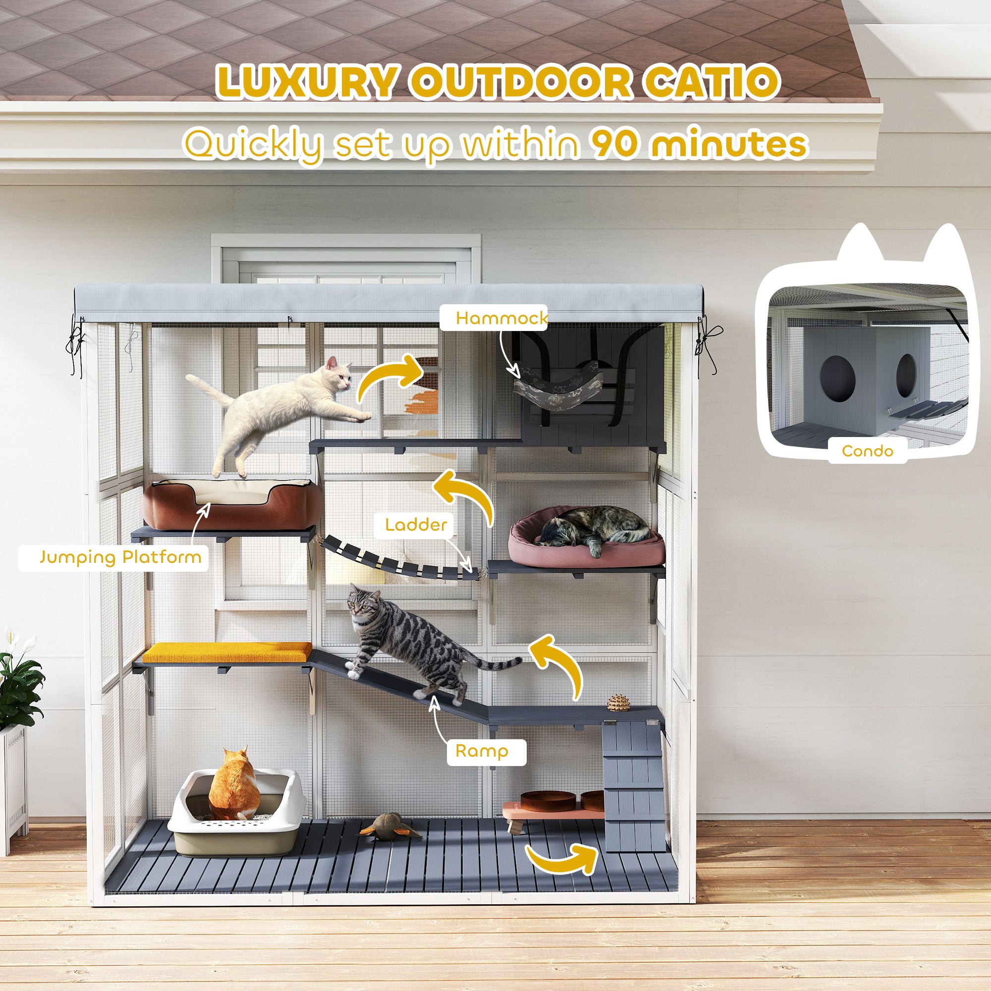 Large Outdoor Catio Cat Enclosure with Hammock, Condo, Jump Platforms, Ladders, Ramps, Tarp, for 2-4 Large Cats, Gray - Gray - Image 4