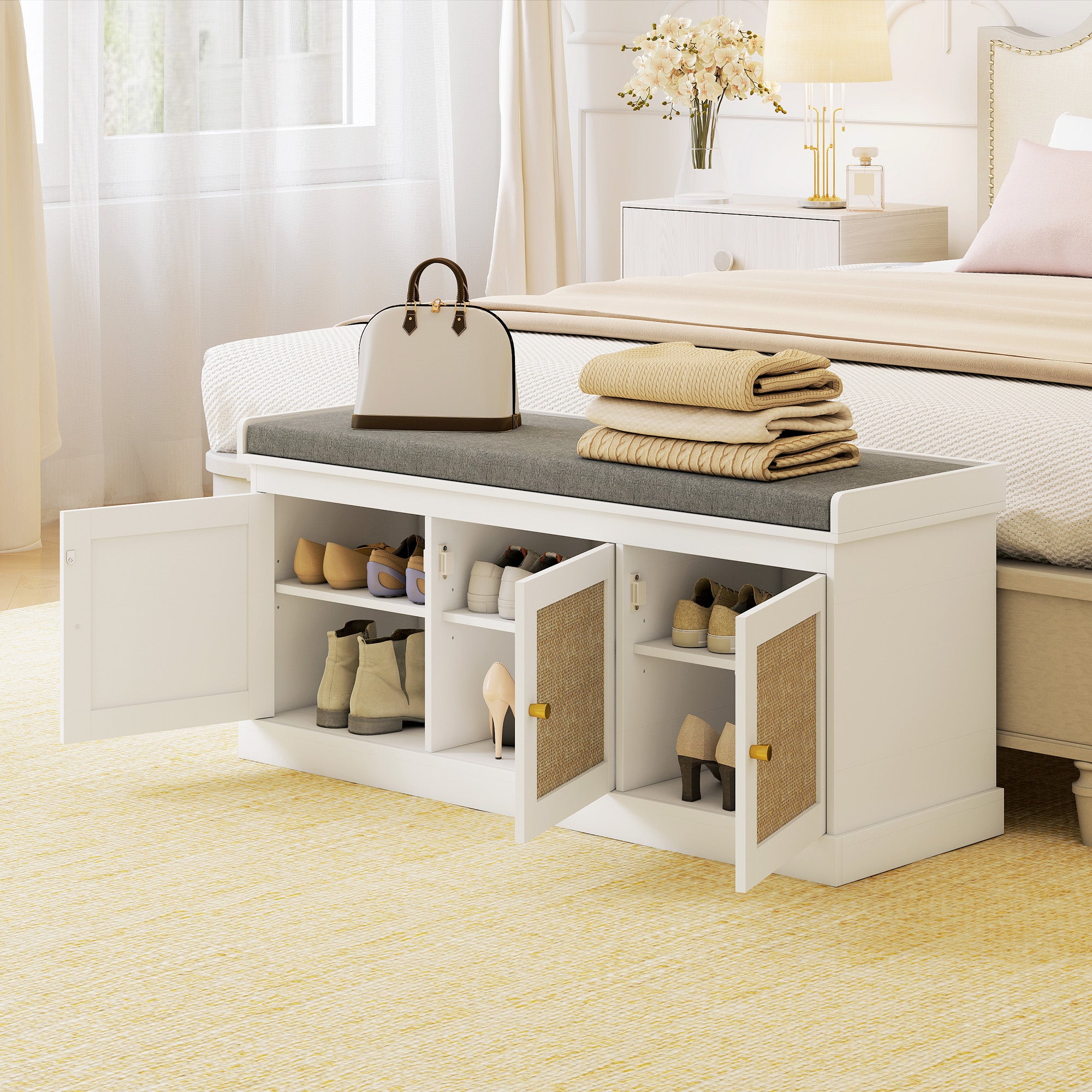 Shoe Storage Bench with Woven Rattan Doors, Shoe Bench with Cushion, Adjustable Shelves, Entryway Bench, White