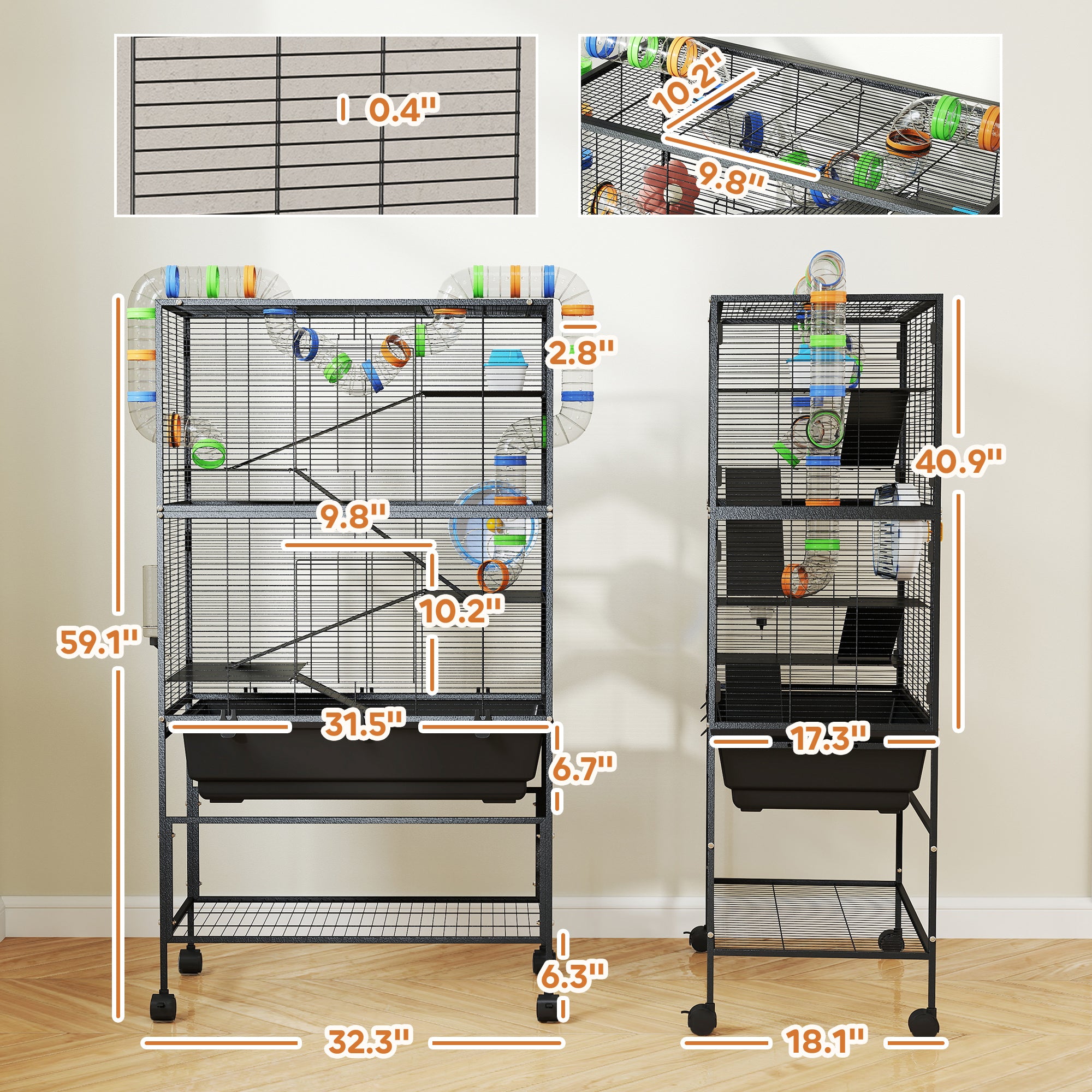 5 Tier Hamster Cage, Rolling Rat Cage with Deep Tray, Storage Shelf, Big Exercise Wheel, Hut, Tube System - Black - Image 3