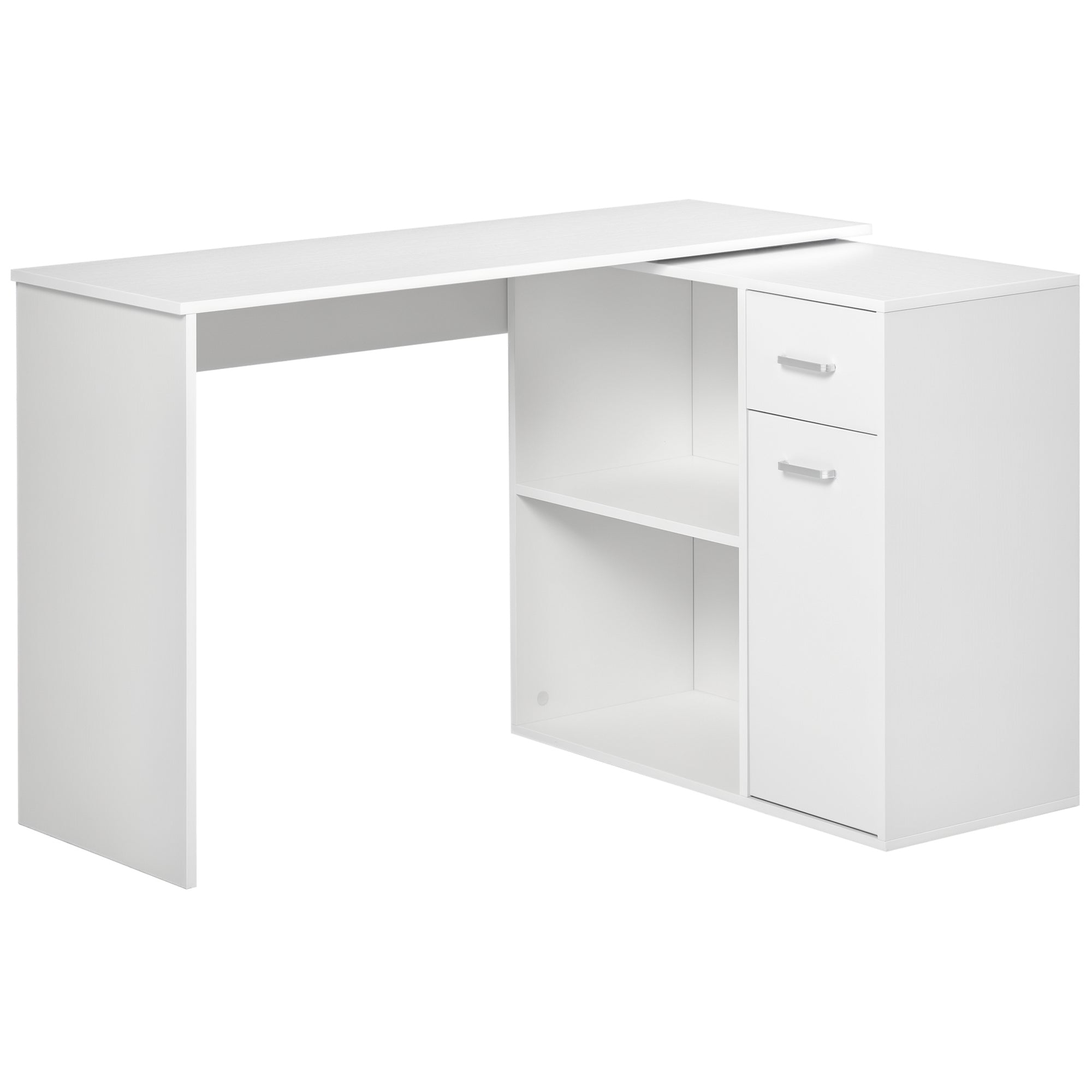 L Shaped Computer Desk, 180° Rotating Corner Desk with Storage Shelves, Drawer and Cabinet, Study Workstation for Home Office, 47.25"x19.75"x 53.75", White