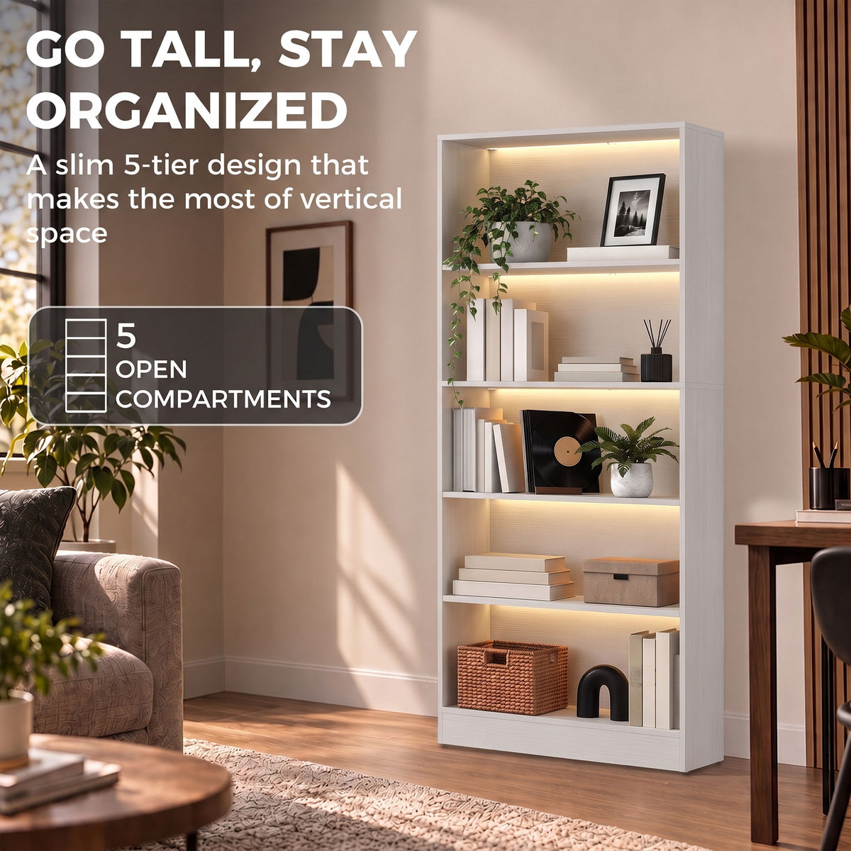Bookshelf with LED Lights, 5-Tier Bookcase, Cable Holes, for Living Room, Study, White Wood Grain