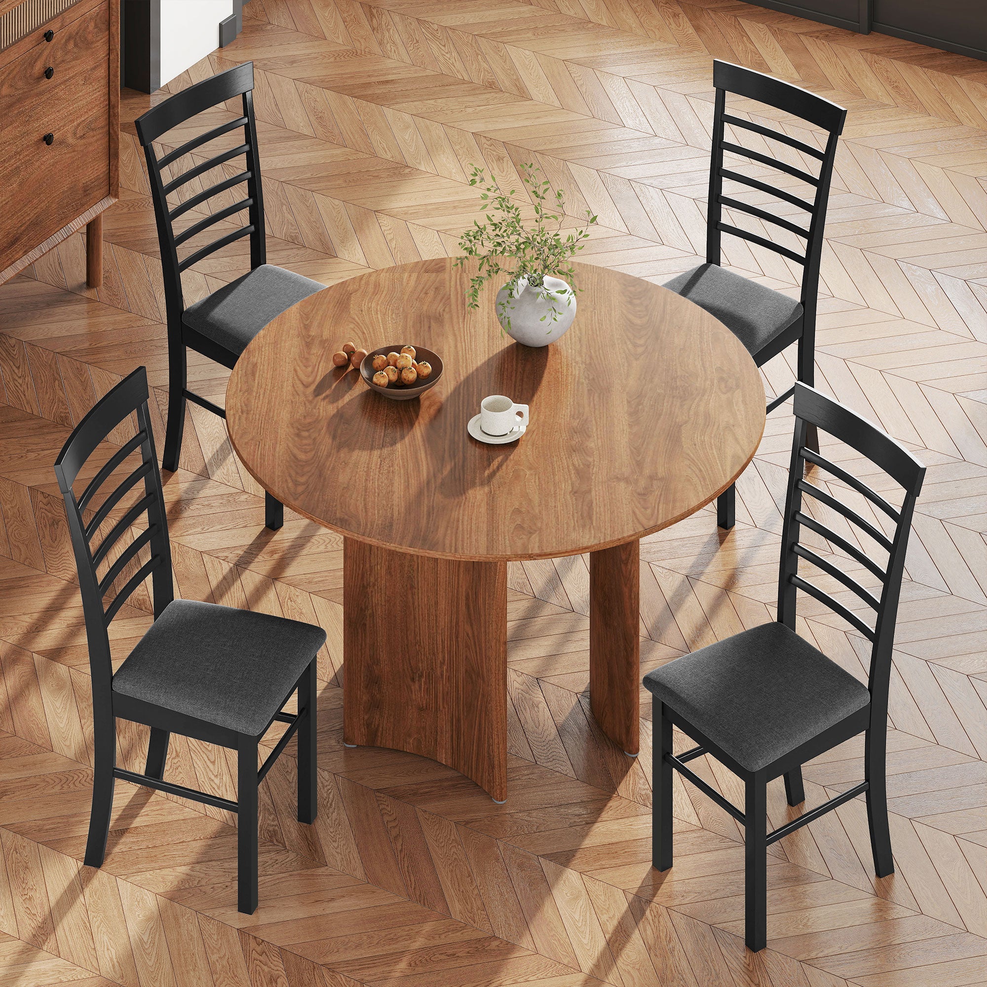 Wooden Dining Chairs Set of 4, Farmhouse Upholstered Kitchen Chairs with Rubber Wood Frame, Black and Gray