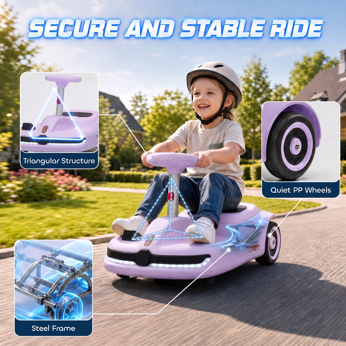 12V Electric Wiggle Car with Pedal, Kids Ride On Car with 2 Speeds, Soft Start, Music, Lights for 3-5 Years, Purple