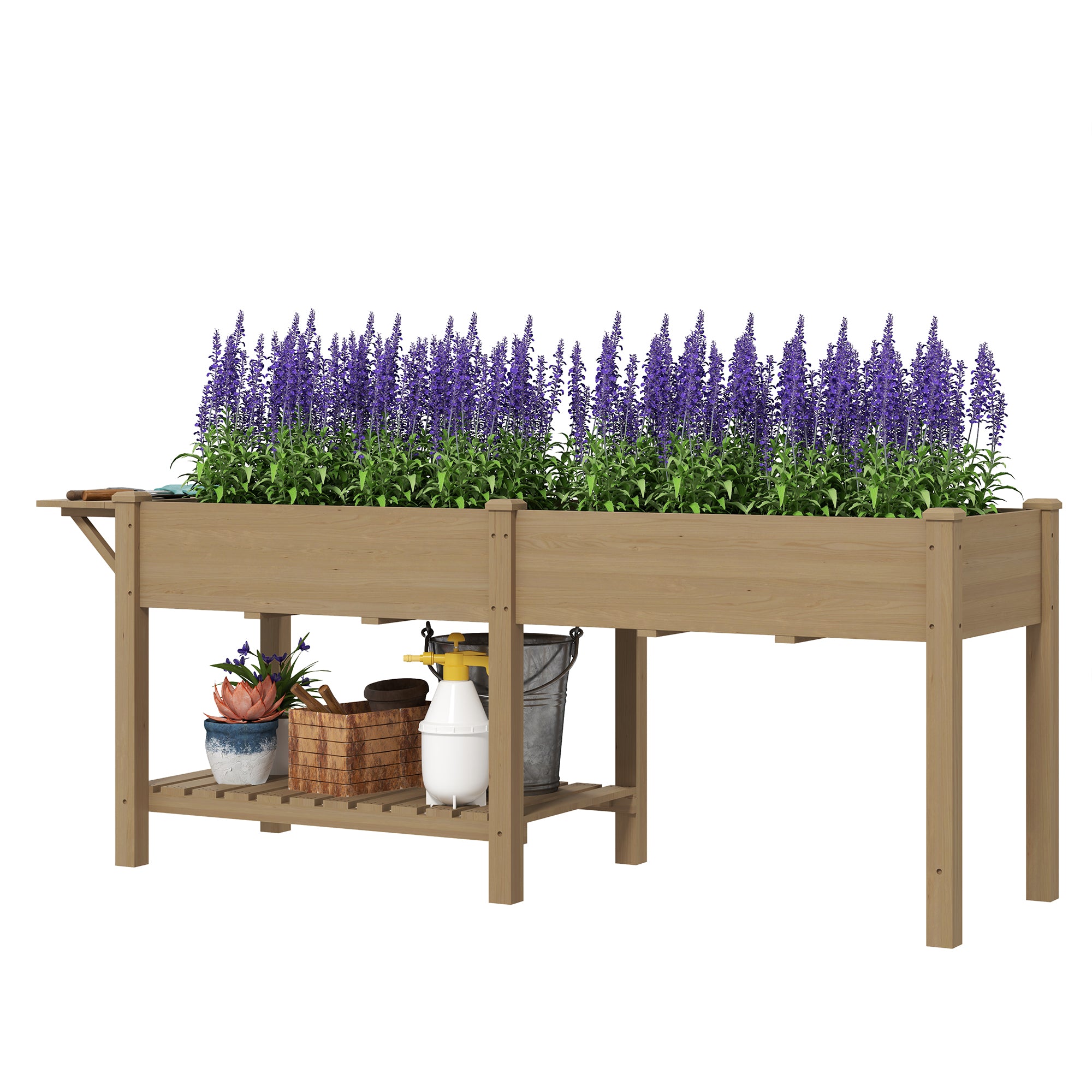Wood Raised Garden Box, Elevated Garden Bed with Side Table, Bottom Shelf, Bed Liners and Drainage Holes, Carbonized - Carbonized