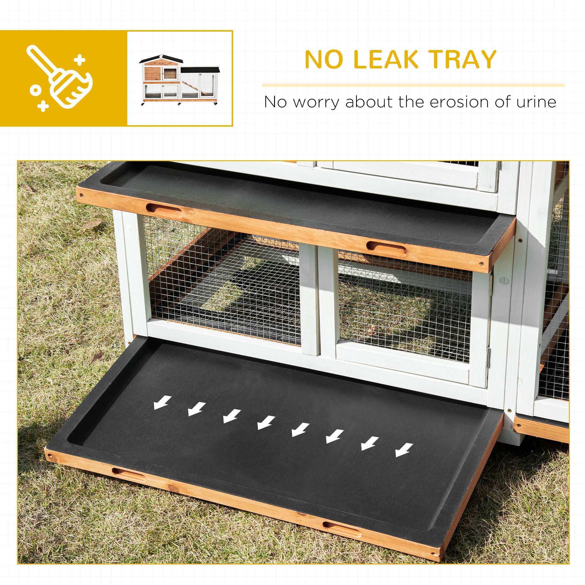 62" Wooden Mobile Rabbit Hutch with Wheels, Run Box, Slide-out Tray, Ramp, Yellow - Natural Wood - Image 7