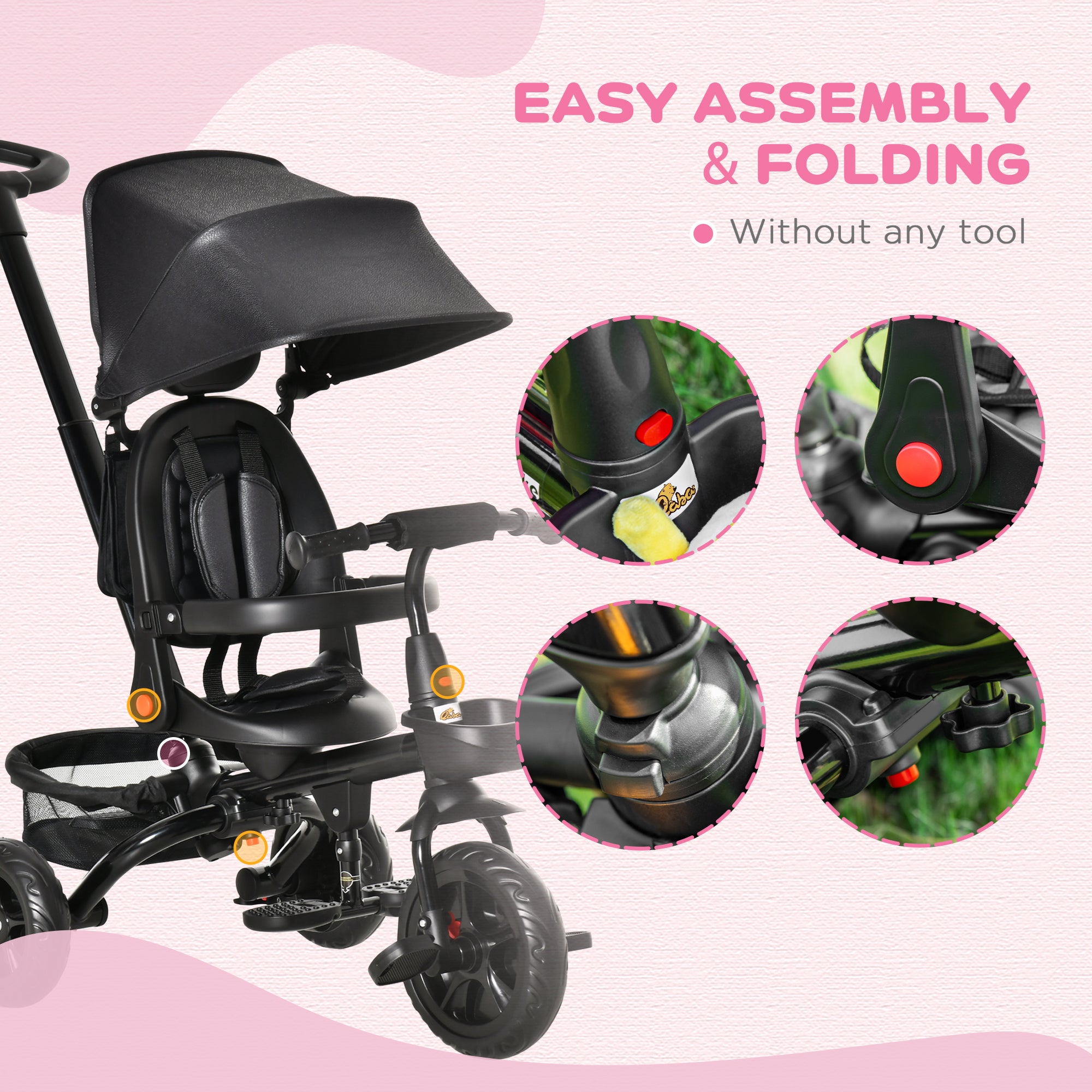 Kids Tricycle, 4 in 1 Foldable Trike with Reversible Seat, Adjustable Parent Handle, Safety Harness, Wheel Brakes, Removable Canopy, Storage, Tricycle for Toddlers 1-5 Years, Black