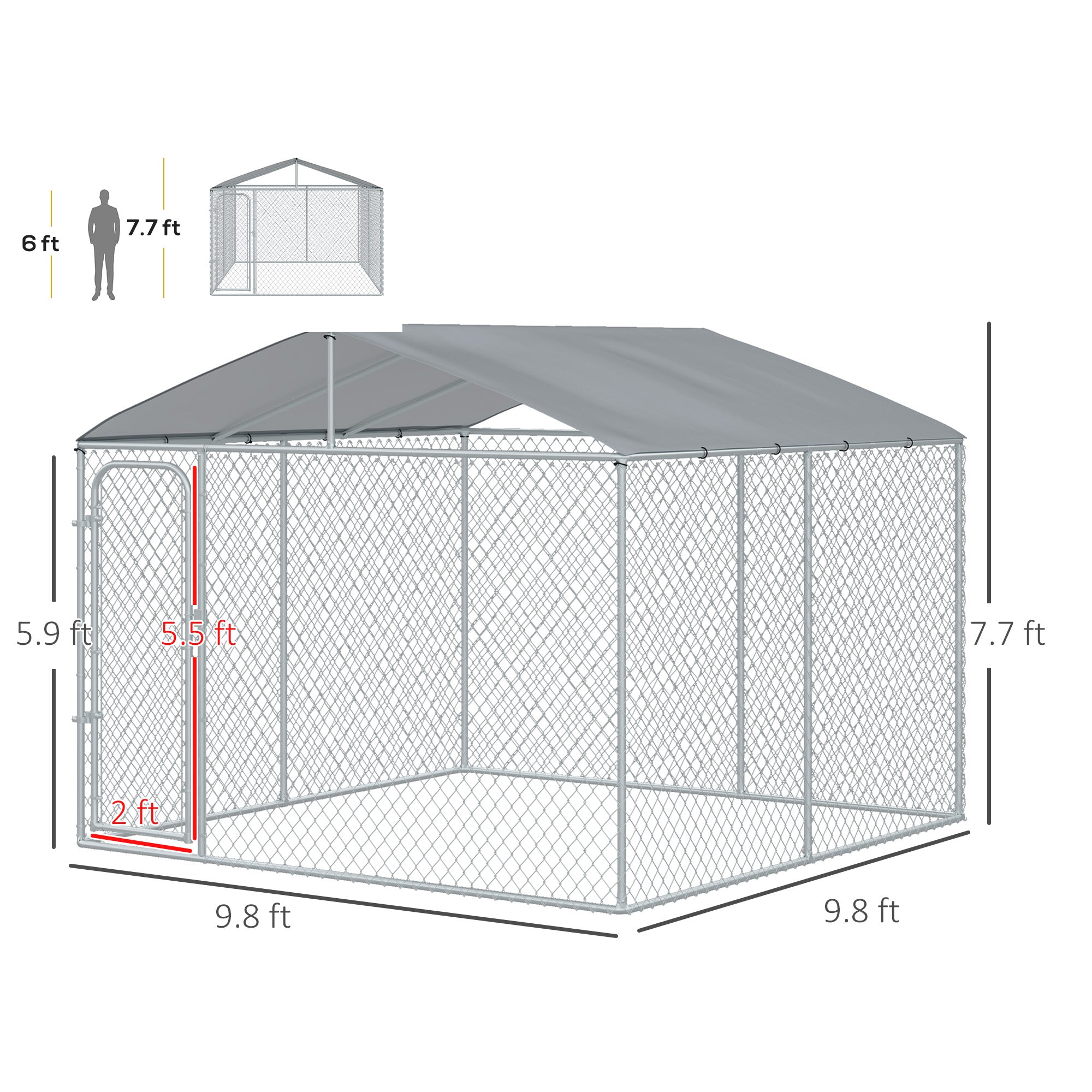 Outdoor Dog Kennel Galvanized Steel Fence with Cover Secure Lock Mesh Sidewalls for Backyard 9.8' x 9.8' x 7.7' - Silver - Image 3