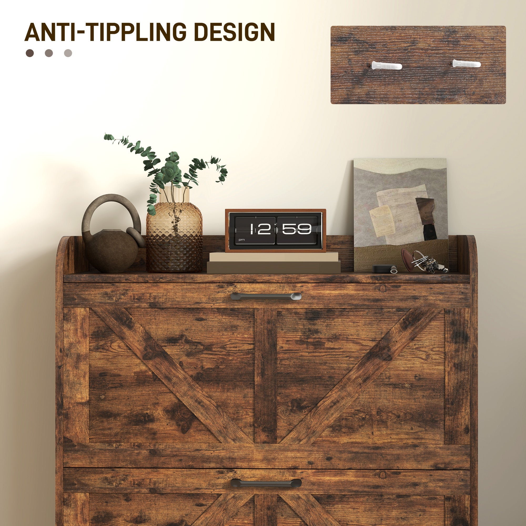 Shoe Cabinet Organizer with 2 Flip Drawers, Legs, Narrow Shoe Storage Cabinet for Entryway, Hallway, Rustic Brown - Rustic Brown - Image 7