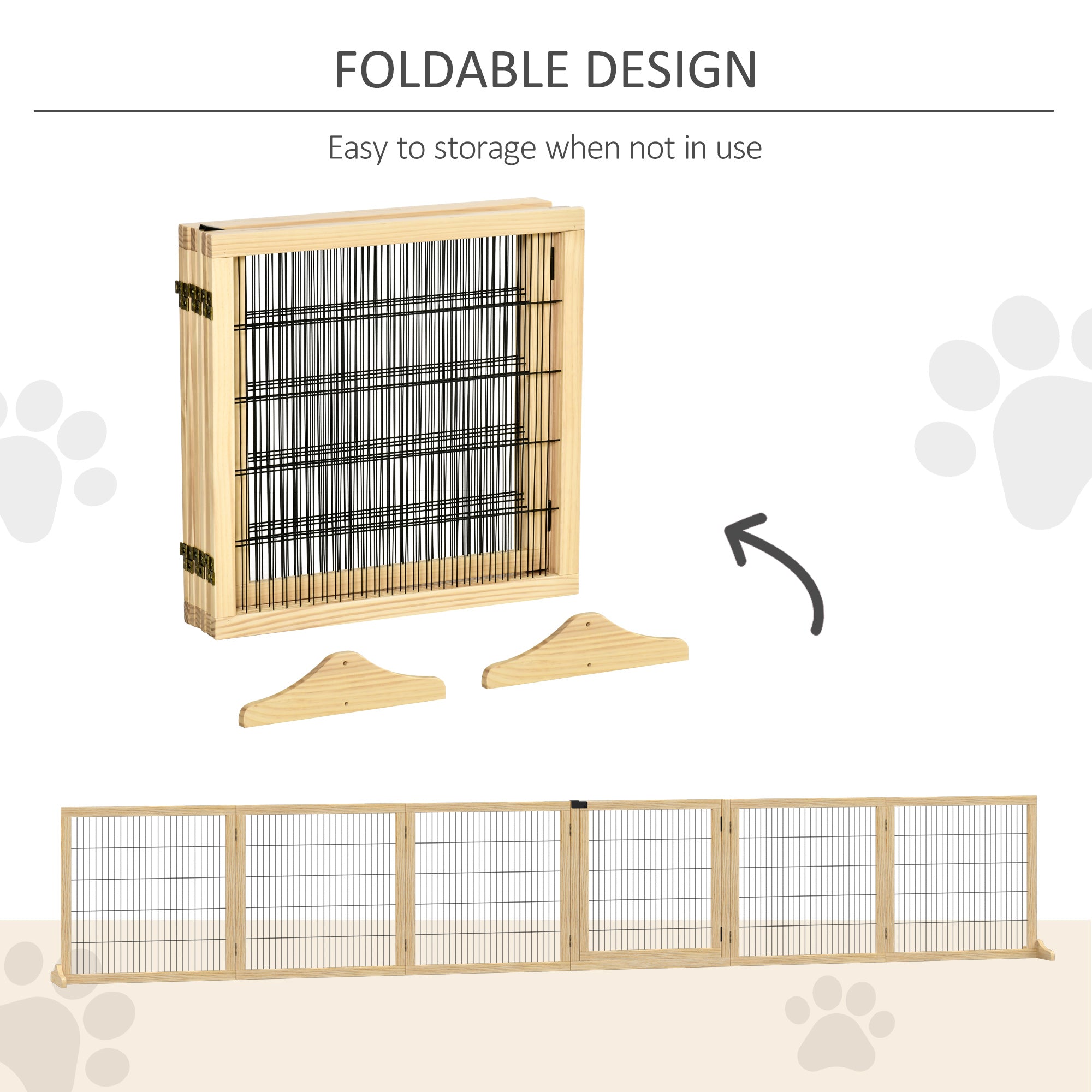 Wooden Pet Gate, 6-Panel Folding Dog Safety Barrier with Support Feet for Small & Medium Dogs, Natural Wood - Natural Wood - Image 6