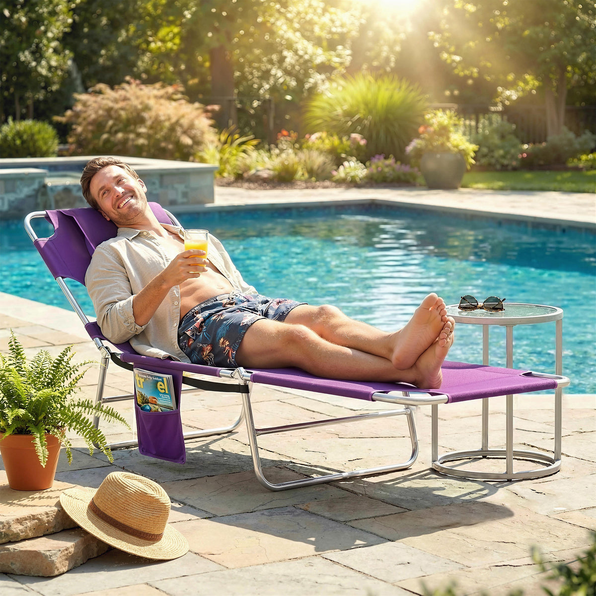 Tanning Chair with Face Hole, 5-Level Adjustable Outdoor Chaise Lounge Chair with Pillow for Beach, Pool, Purple