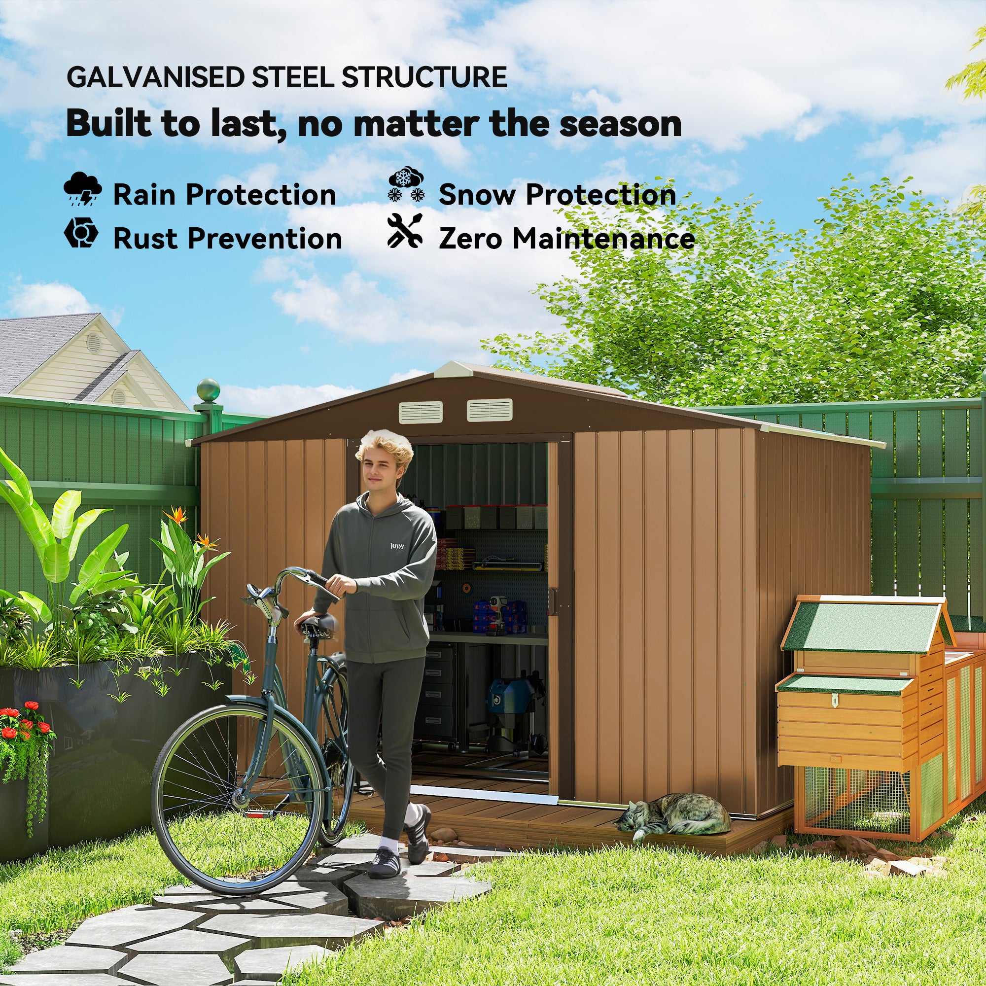 9' x 6' Outdoor Storage Shed, Garden Tool Metal Shed with Foundation Kit, Double Lockable Door, Air Vents and Sloping Roof, for Backyard, Patio, Lawn, Yellow - Yellow - Image 4