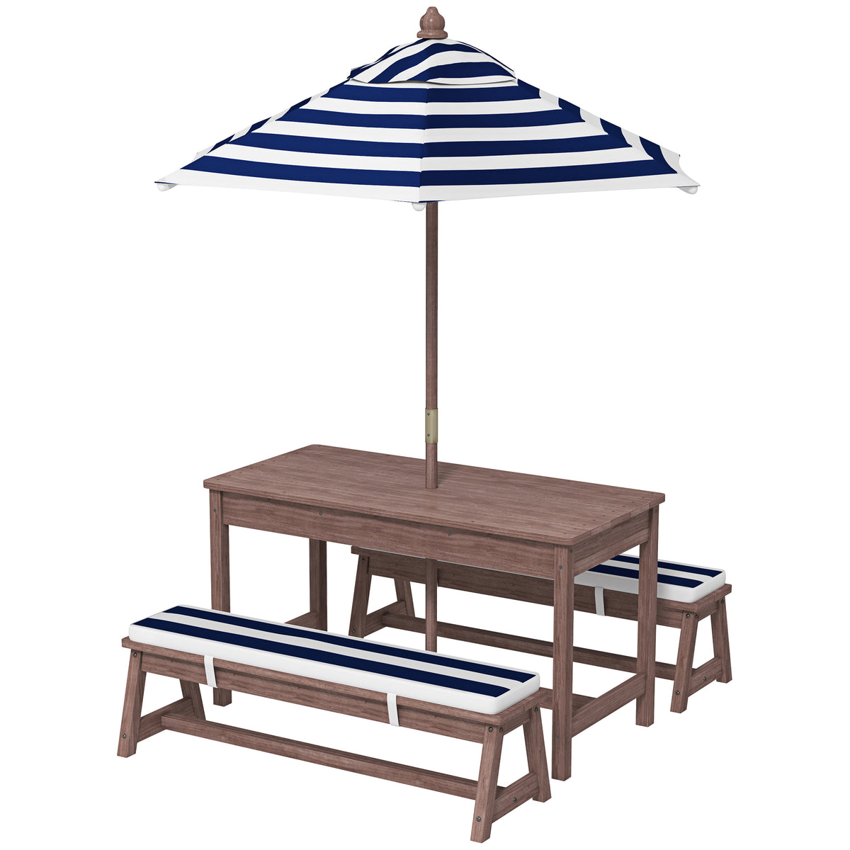 Qaba Outdoor Wooden Kids Picnic Table & Bench Set with Cushions and Umbrella, for Patio, Garden, Navy Blue