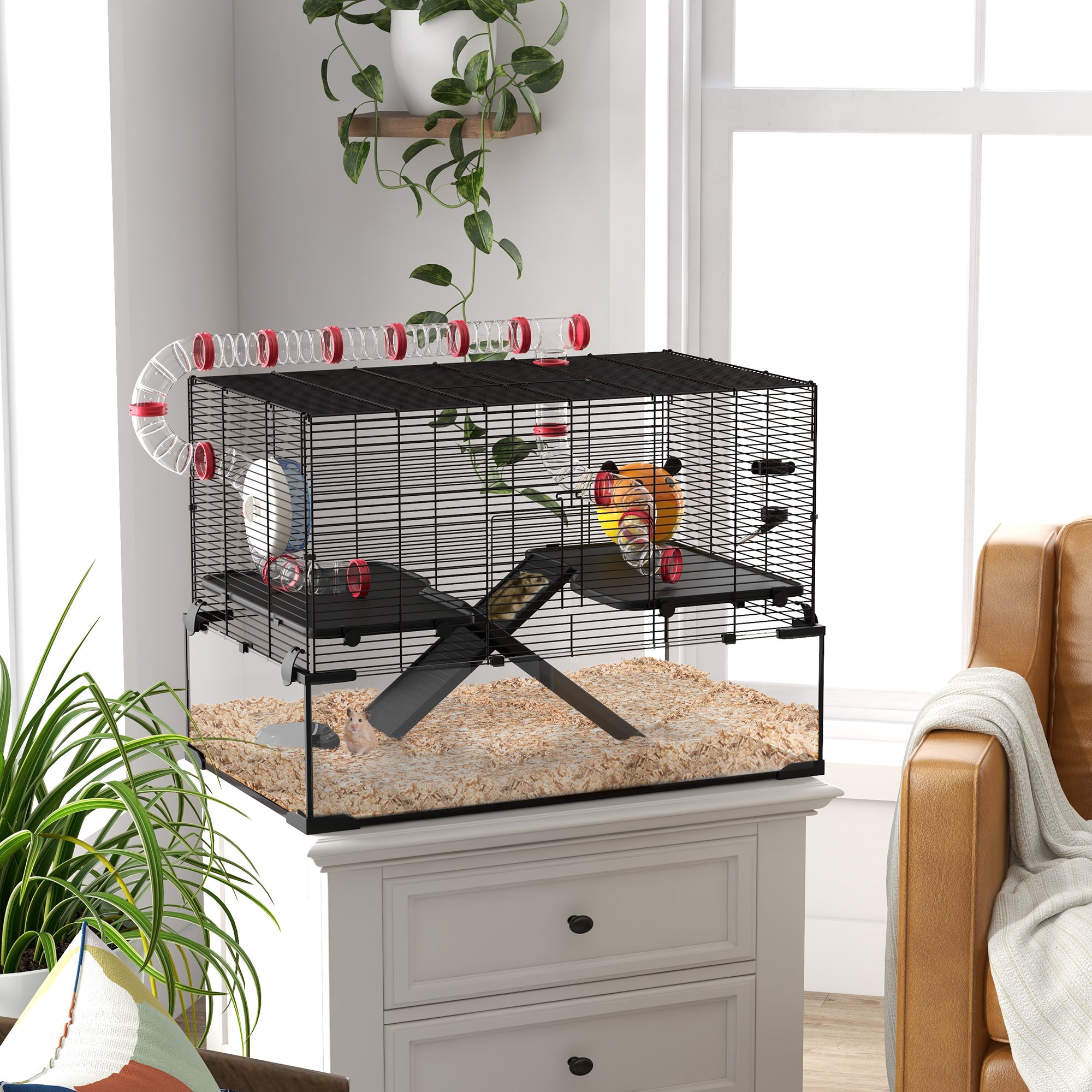 31" Hamster Cage with Tube and Tunnel, Deep Glass Bottom - Black - Image 2
