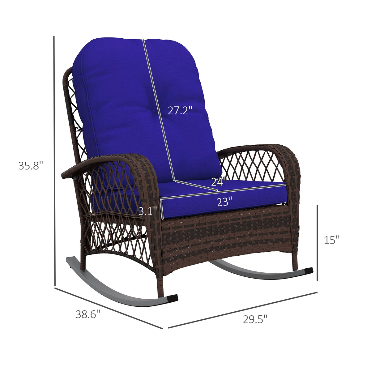 Rattan Porch Rocker w/ Plush Cushion, Dark Blue