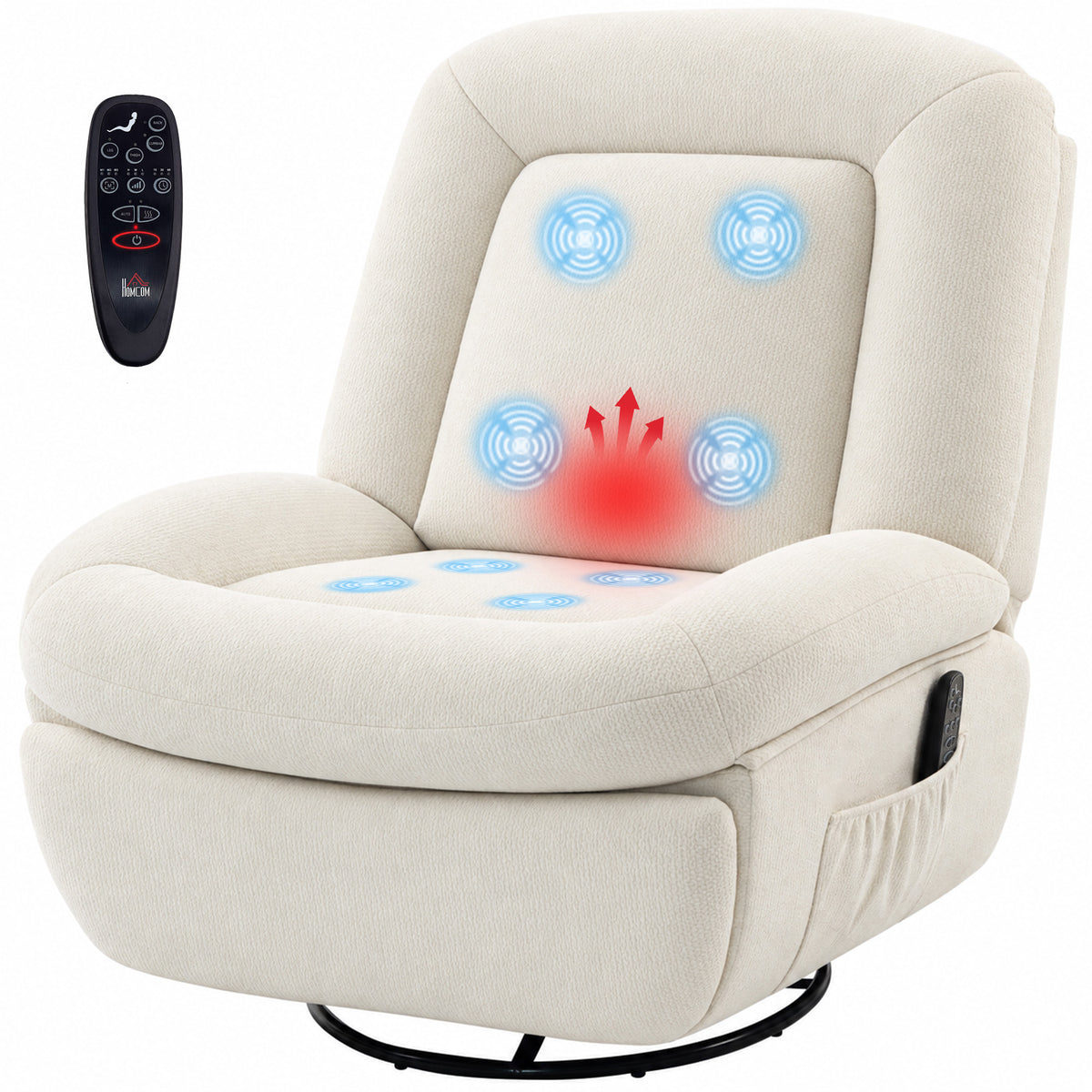 Oversized Power Recliner Chair with Massage and Heat, USB Port, Overstuffed Chenille Swivel Rocker Recliner, Cream White