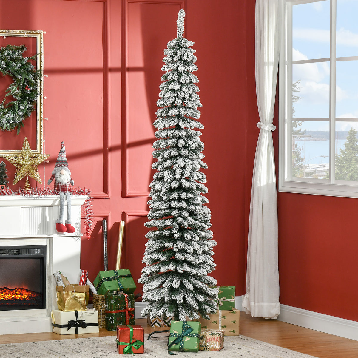 7' Tall Unlit Slim Pencil Xmas Tree, Snow-Flocked Artificial Christmas Tree with Realistic Branches and 603 Tips, Green