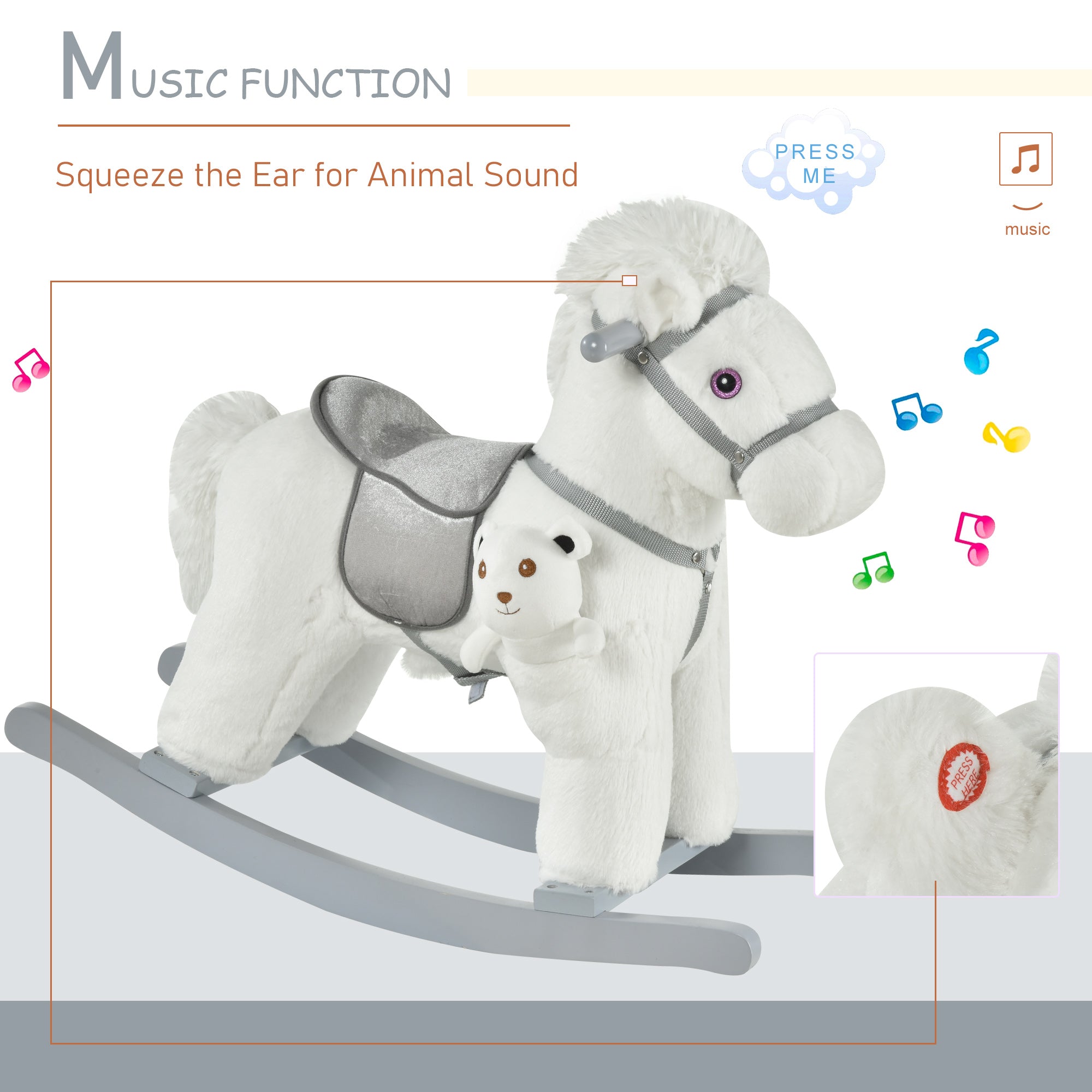 Kids Rocking Horse with Bear Toy, Plush Animal Rocker with Fun Realistic Sounds for Toddler 18-36 Months, White