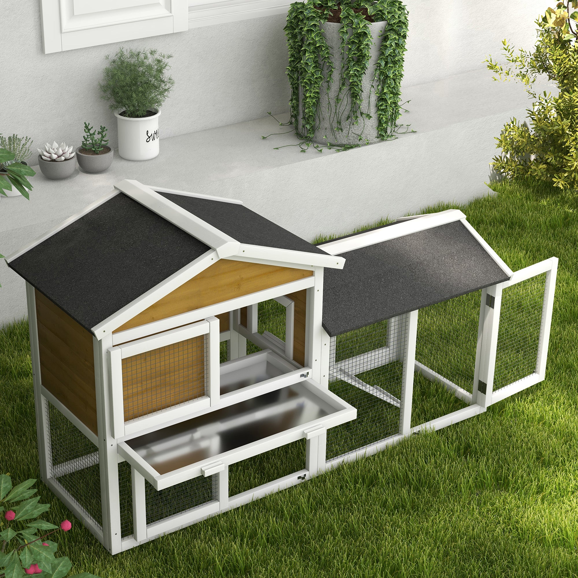 58" Wooden Rabbit Hutch with Run, Removable Tray, Asphalt Roof, Lockable Doors and Ramp, Nature Wood - Natural Wood - Image 8