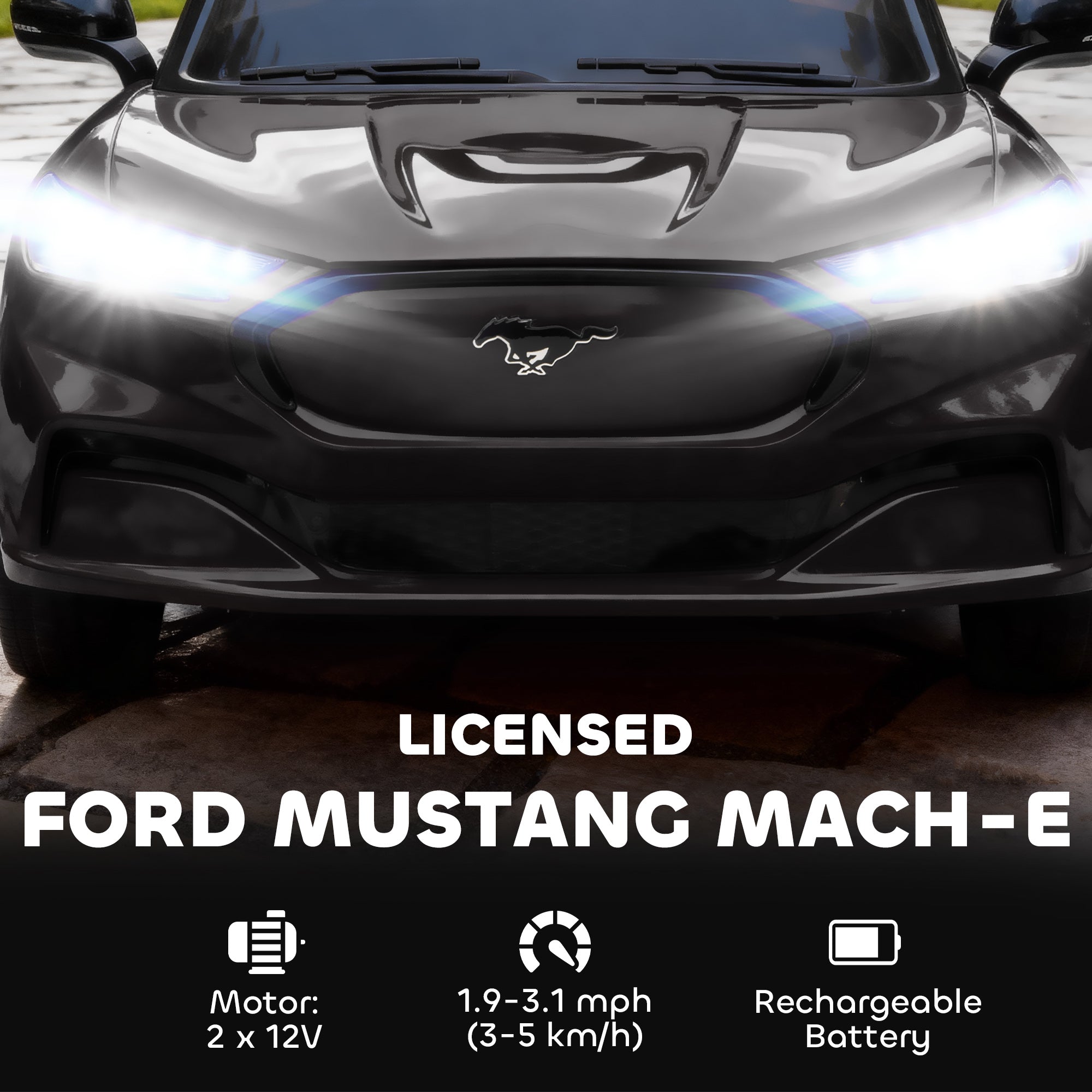 12V Kids Ride On Car, Licensed Ford Mustang Mach-E Electric Car with Remote Control, LED Light, Music, Black