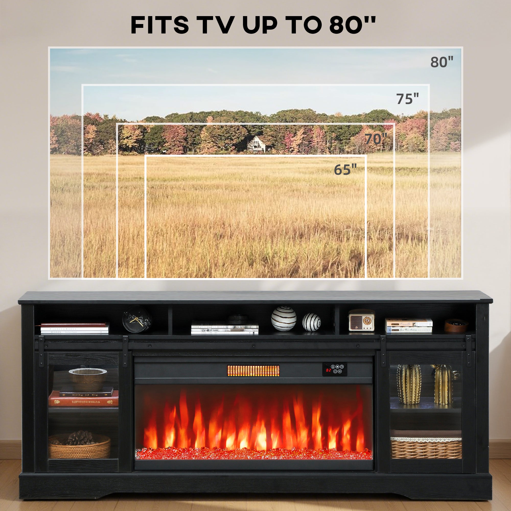 Fireplace TV Stand for TVs Up to 80 Inch, TV Console with Electric Fireplace, Open Storage and Side Cabinets, Black