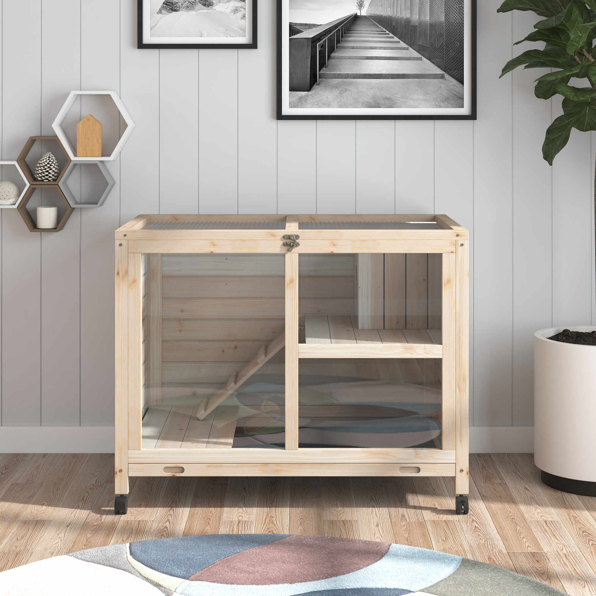 Rabbit Hutch with Wheels, Desk and Side Table Sized, Wooden Rabbit Cage, Waterproof Small Bunny Cage with Removable Tray, Openable Roof, for Rabbits, Chickens, Ducks, Indoor/Outdoor, Natural - Natural Wood - Image 8