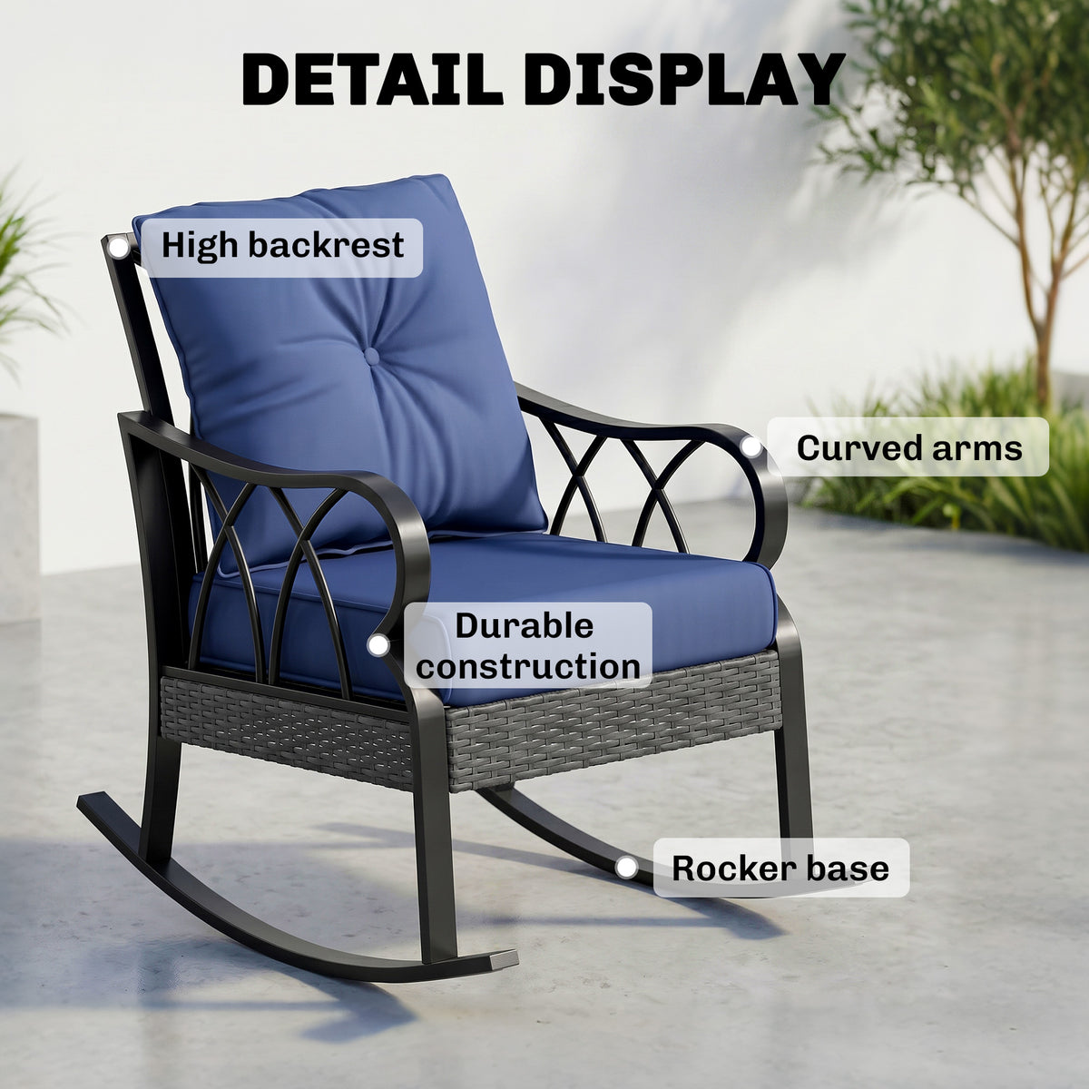 2 Piece Outdoor Wicker Rocking Chairs Rattan Porch Rockers with Cushions, Aluminum Frame for Garden, Patio, Blue