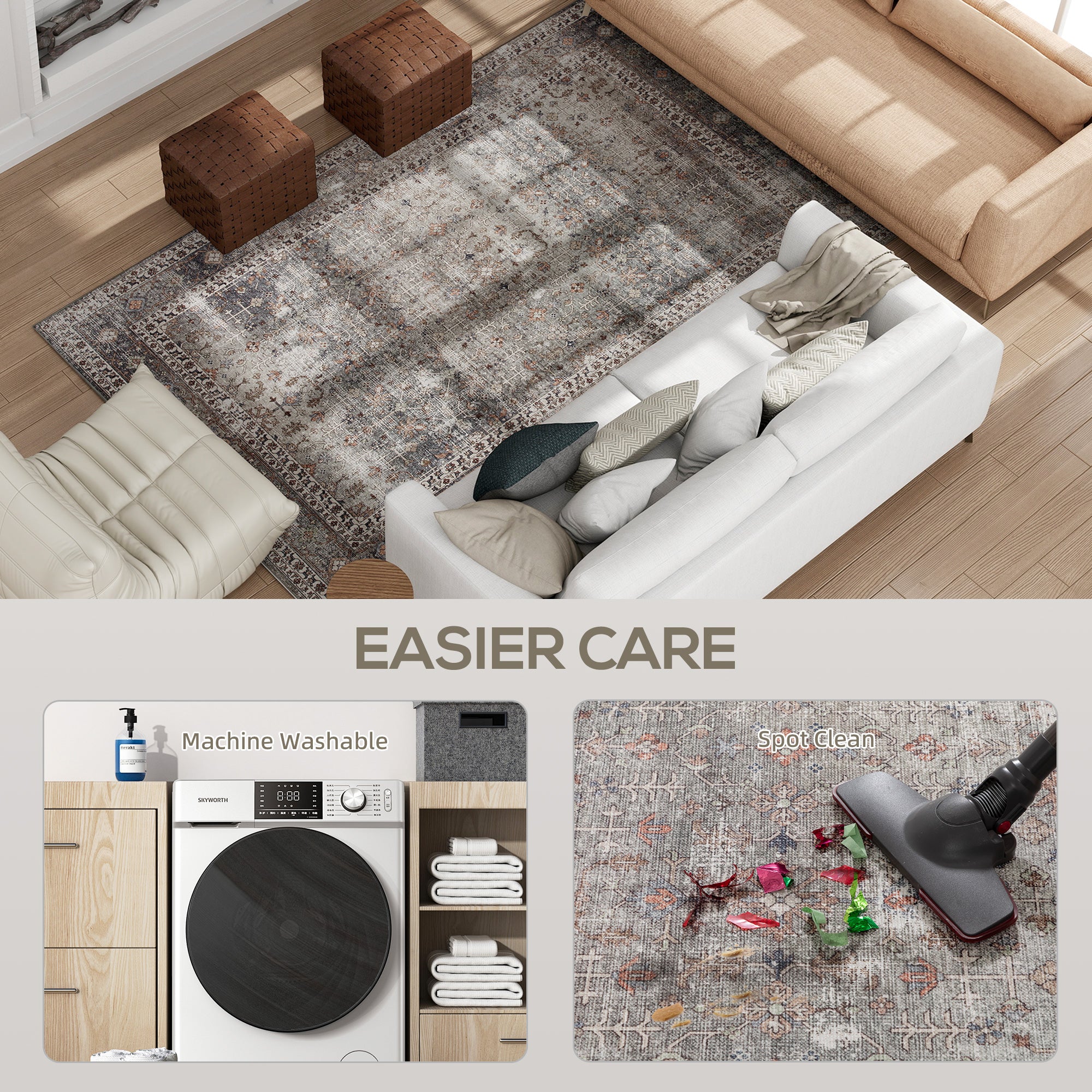Machine Washable Area Rug 4x6, Non-Slip Traditional Floor Cover Foldable Carpet for Living Room, Dark Mixed-Brown
