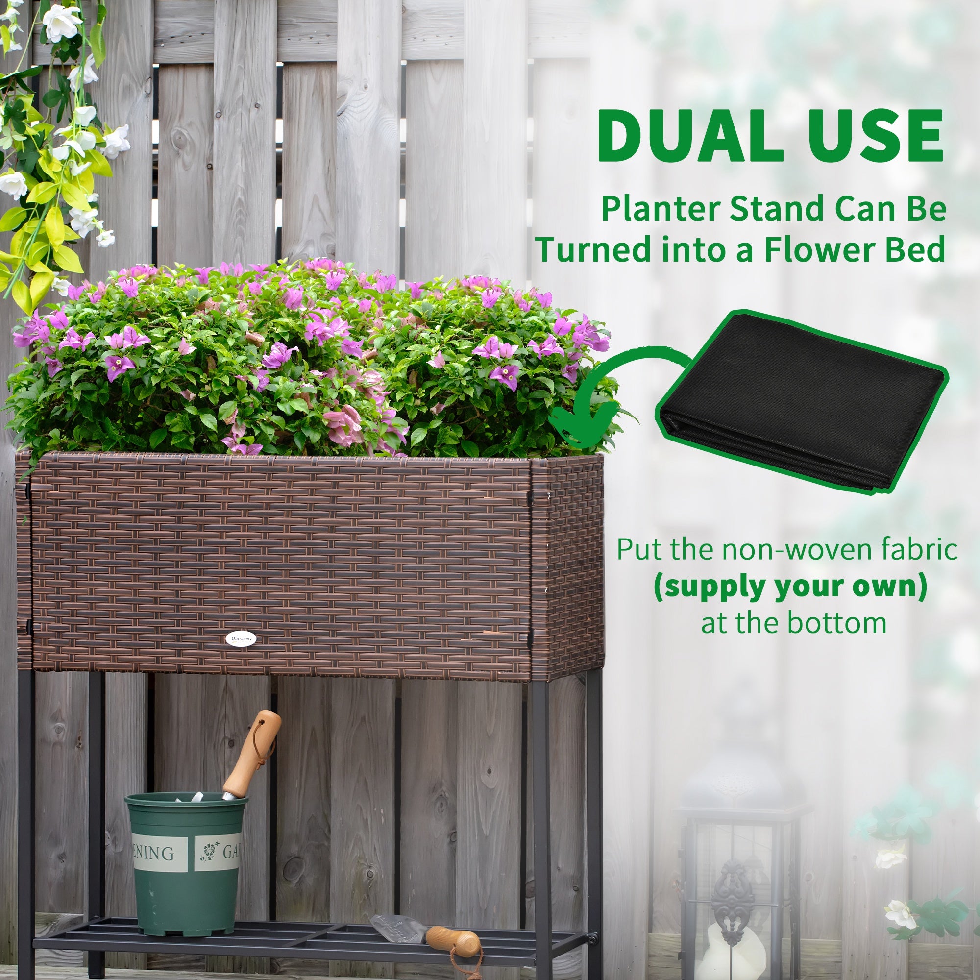 Raised Garden Bed, Elevated Planter Box with Rattan Wicker Look, Tool Storage Shelf, Portable Design for Herbs, Vegetables, Flowers, Brown - Brown - Image 7