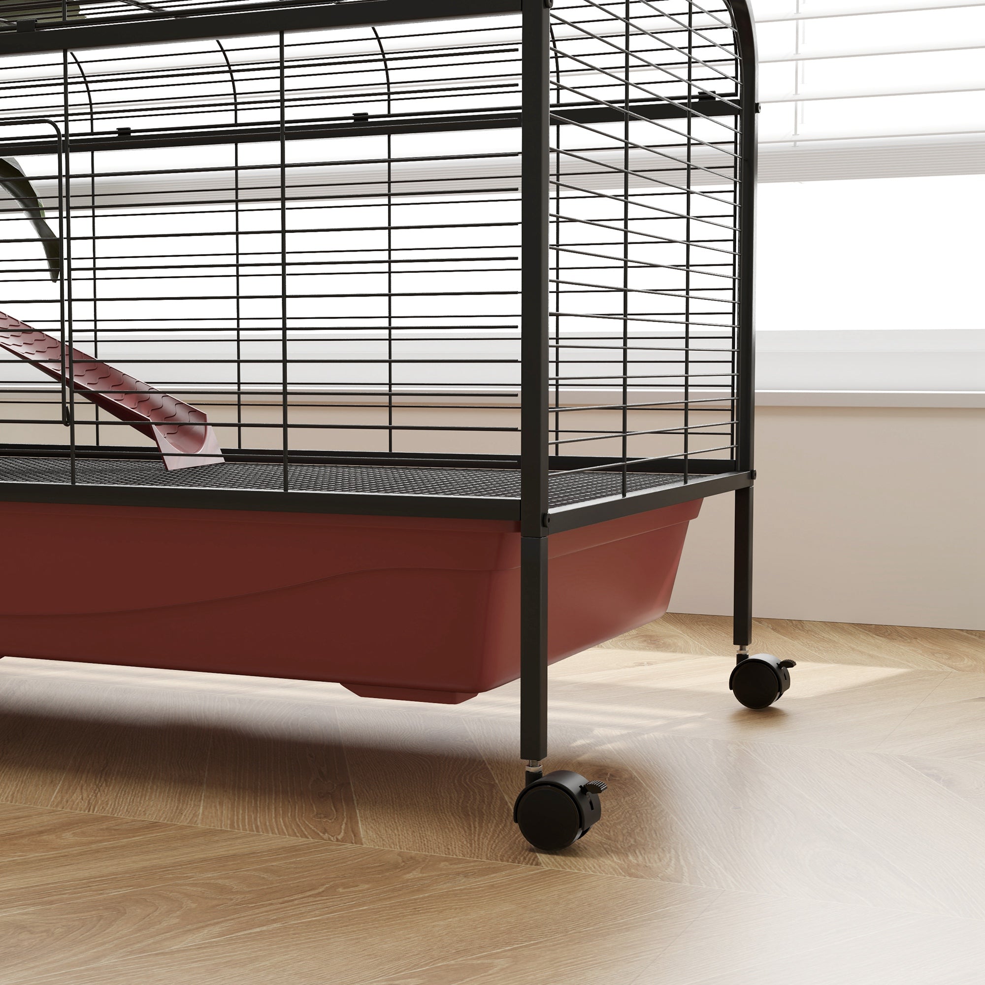 48" L Small Animal Cage, Pet Play House for Rabbit Hutch or Ferret with Feeder, Rolling Wheels, Platform, Ramp - Red and Black - Image 8