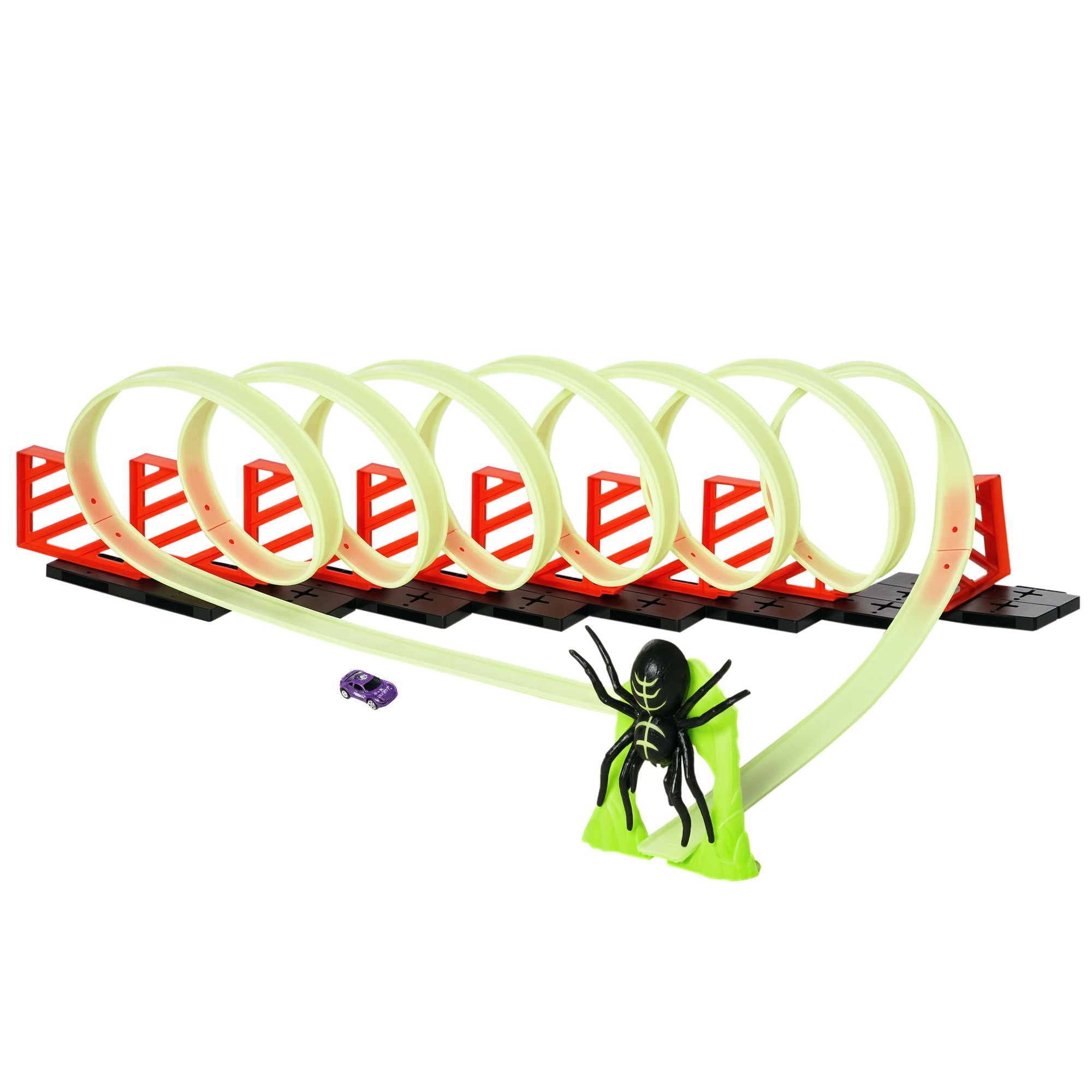 Track Builder Loop Kit Criss-Cross Glowing Race Track Toy Set Spooky Spider Fun Starter Kit, with Pull-back Car for Kids 3-6 years old, Lime Green