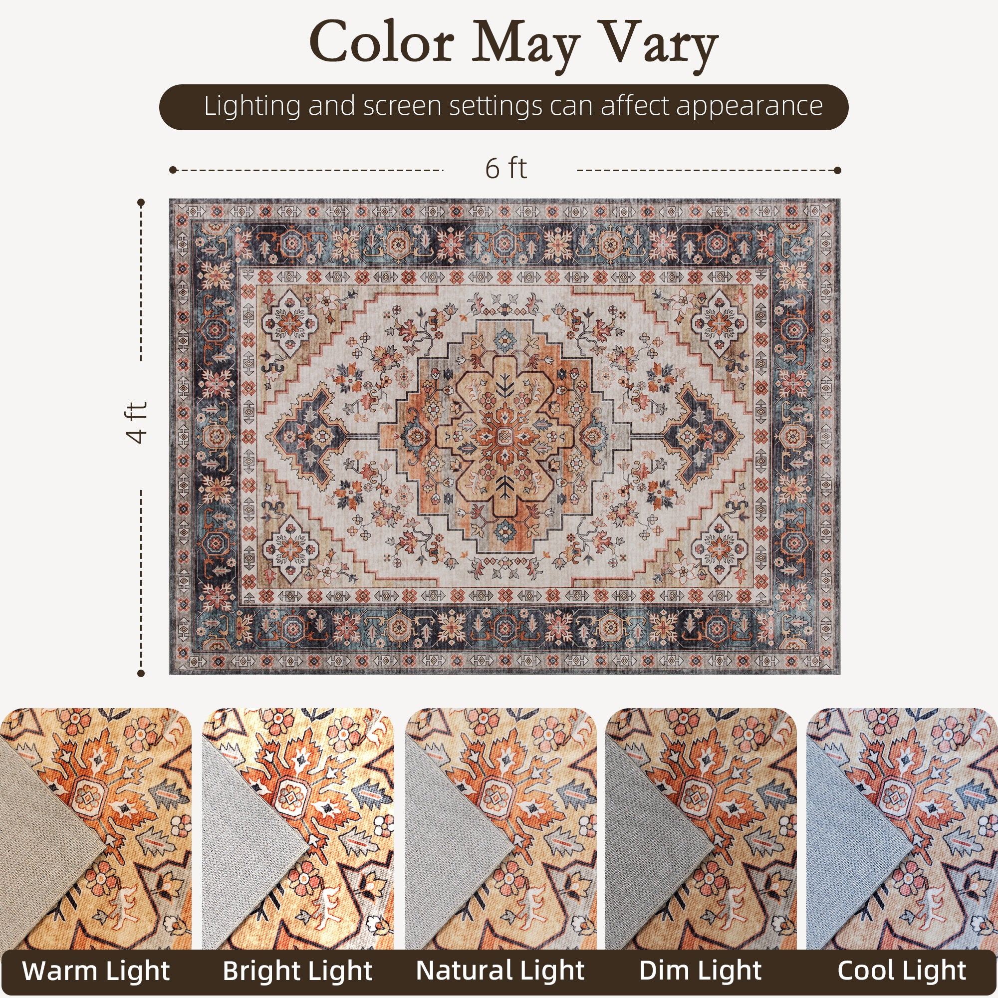 Area Rug 4x6, Machine Washable Rug, Non-Slip Boho Print Pattern Medallion Carpet for Living Room, Bedroom, Tawny Brown