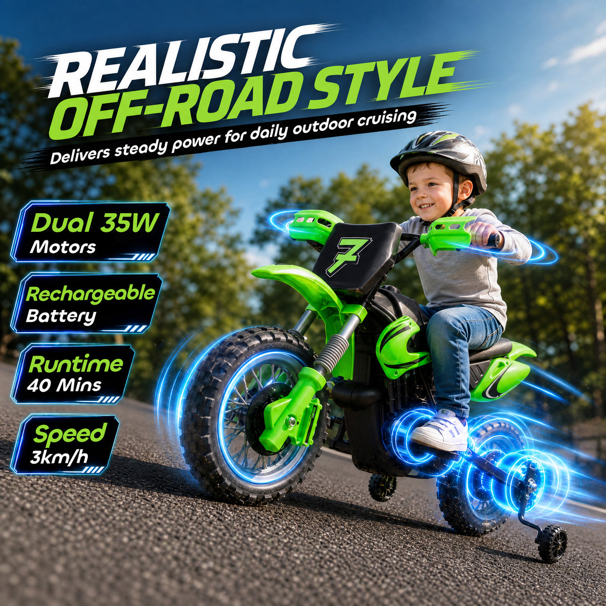 12V Kids Motorcycle, 2 x 35W Electric Dirt Bike with Training Wheels, Rear Suspension, Horn for 3-6 Years, Green