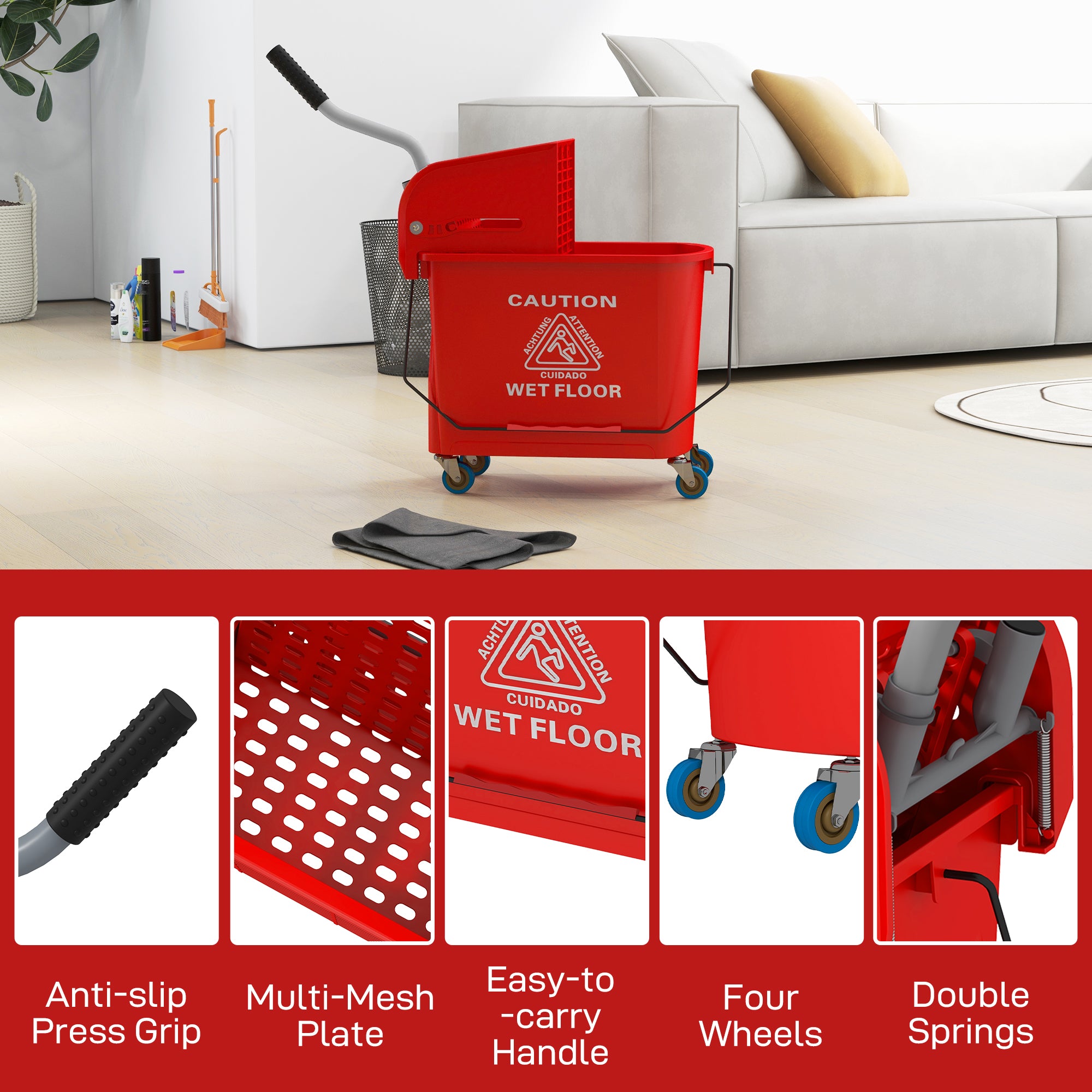 Compact Mop Bucket with Wringer, Mop Bucket on Wheels for Floor Cleaning, 21 Quart, Separate Dirty and Clean Water, Red